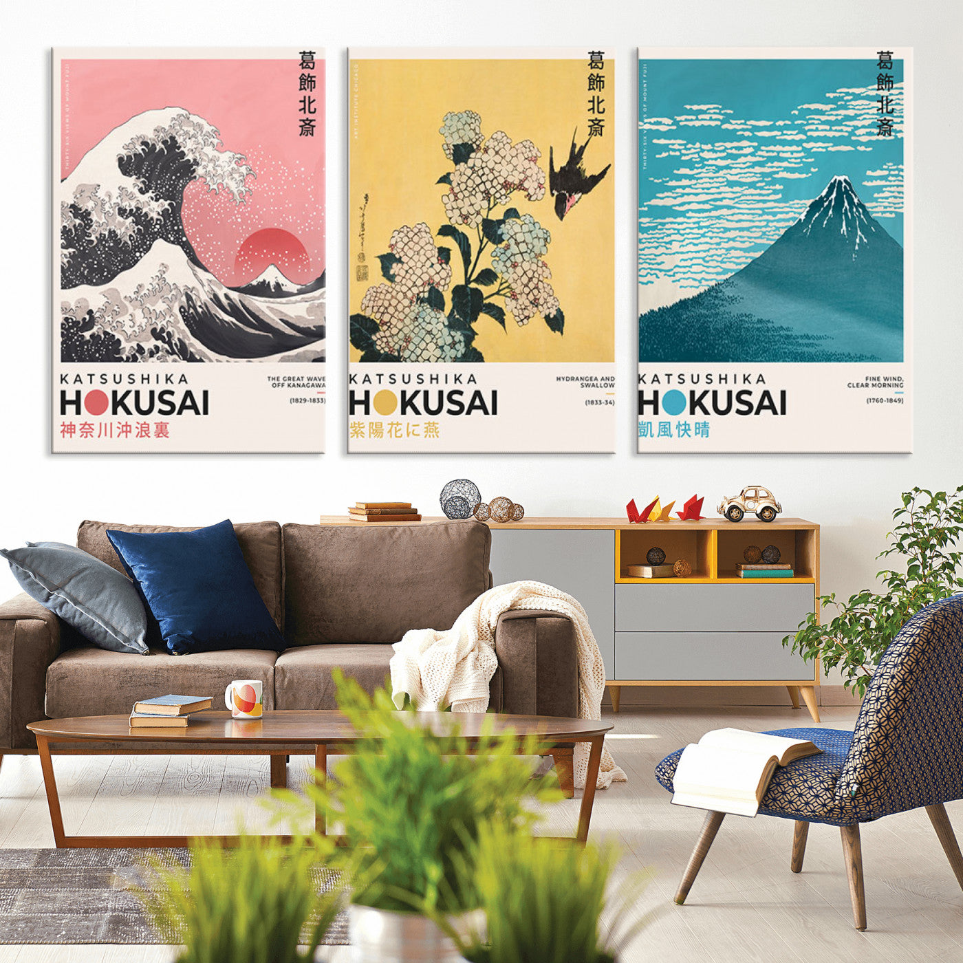 Katsushika-MGV-CV-36X24-Katsushika Hokusai Wall Art Set – The Great Wave, Hydrangea and Swallow, Fine Wind Canvas Prints, Japanese Ukiyo e Style Home and