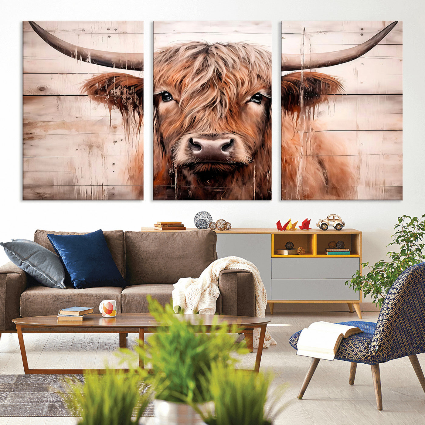 93730-MGV-CV-60X30-3P-Scottish Cow Wall Art Canvas Print, Framed Longhorn Cow Art Picture Print, Highland Cattle Perfect Rustic Farmhouse Decor Artwork