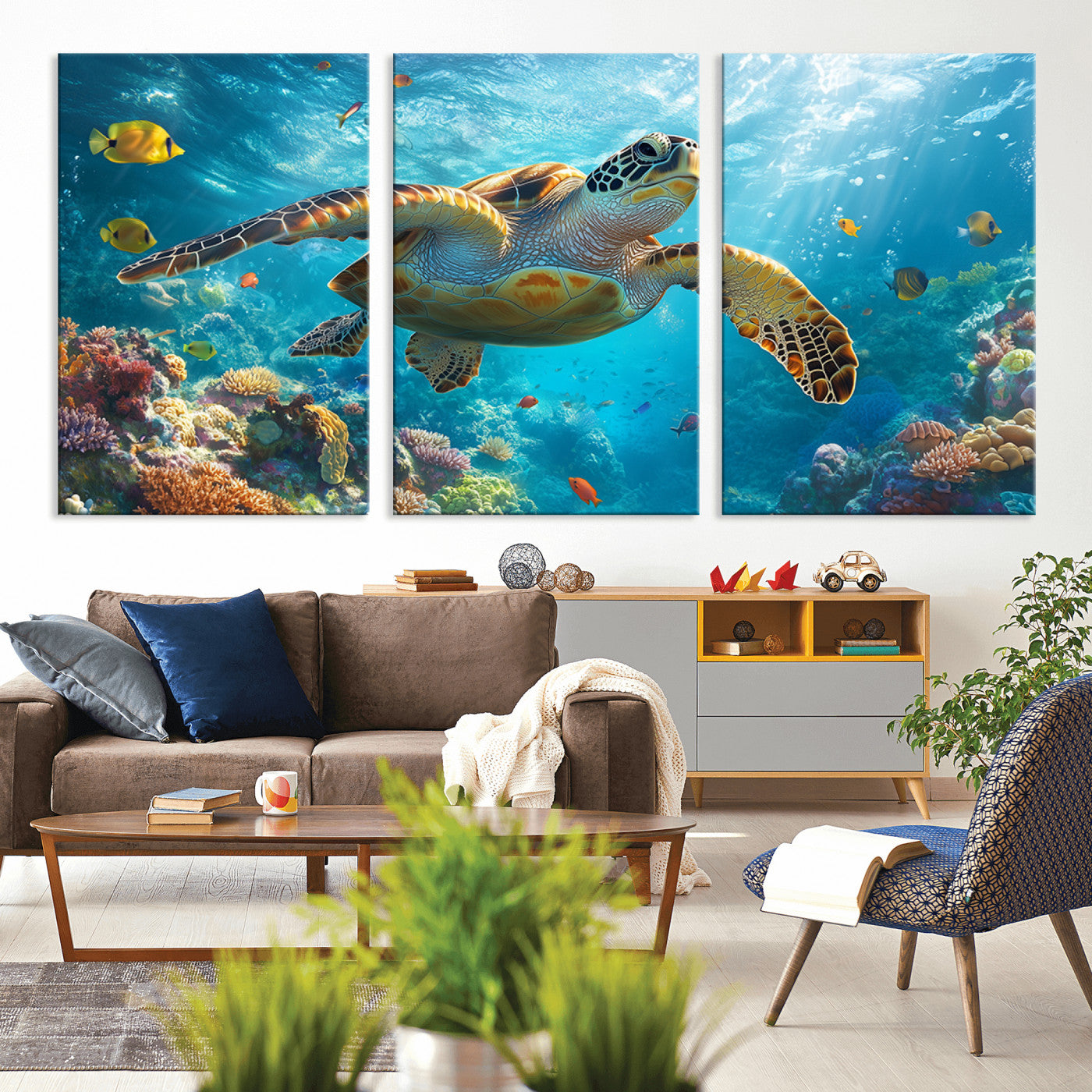 37623-MGV-CV-36X24-Sea Turtle Wall Art – Underwater Ocean Canvas Print with Coral Reef and Tropical Fish, Marine Life Painting Poster for Living