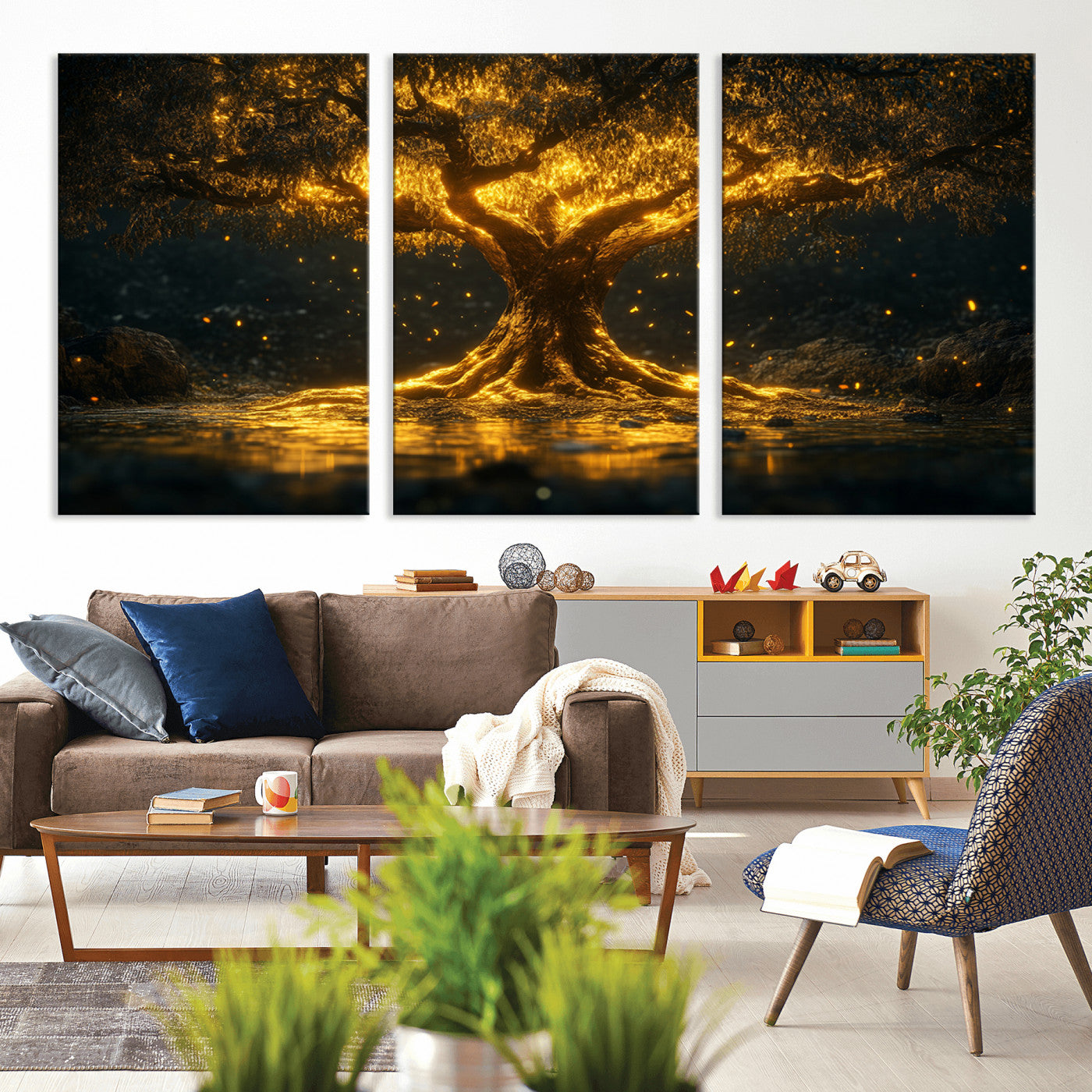 59580-MGV-CV-36X24-Glowing Tree Wall Art – Golden Fantasy Nature Canvas Print, Mystical Illuminated Tree Painting Poster for Living Room, Bedroom,