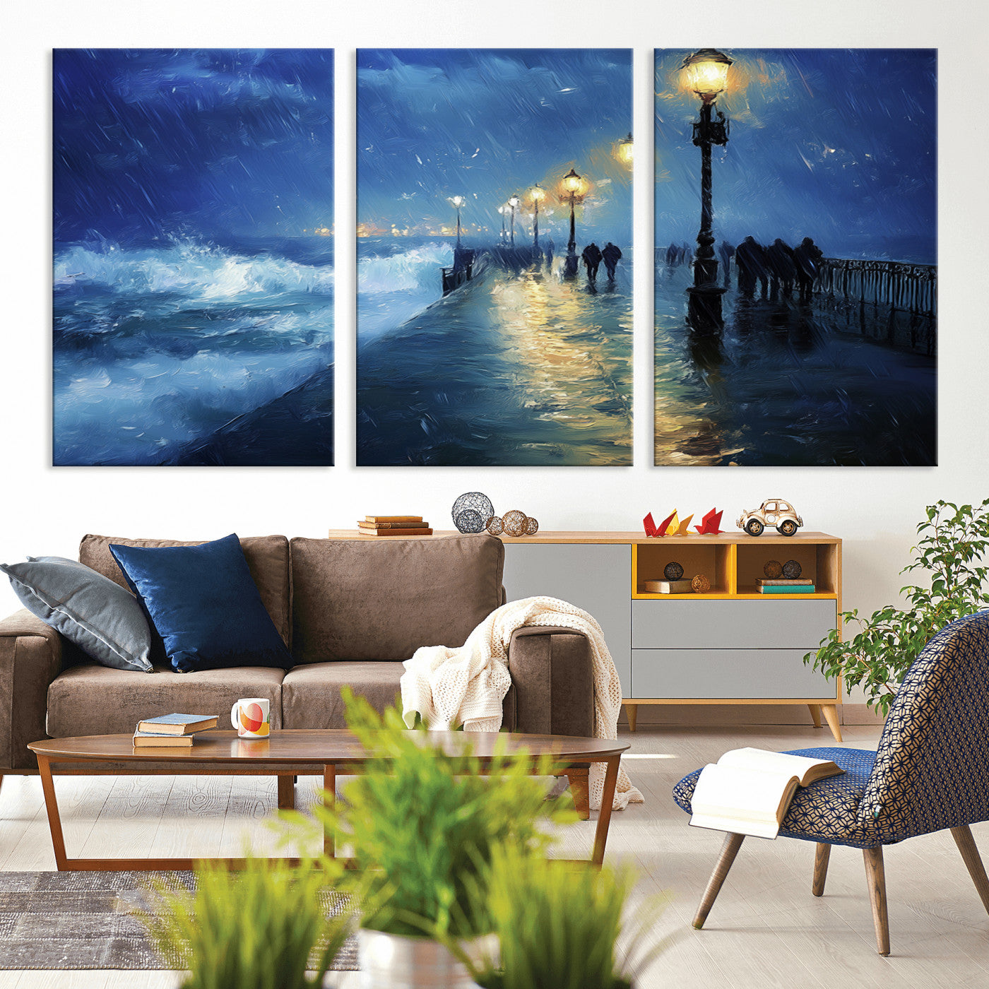 76572-MGV-CV-36X24-Stormy Night Pier Wall Art – Ocean Waves and Street Lamps Canvas Print, Rainy Seascape Oil Painting Poster for Living Room,