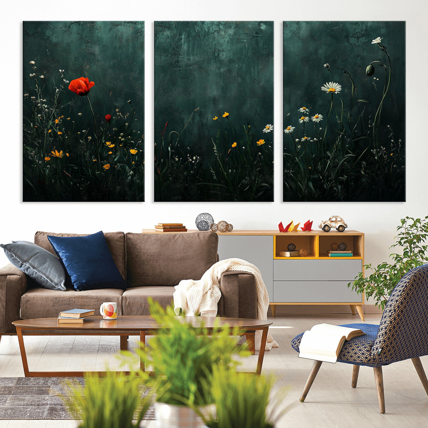 26218-MGV-CV-36X24-Wildflower Wall Art – Dark Botanical Floral Canvas Print, Modern Nature Painting Poster with Daisy Poppy Yellow Flowers for Living