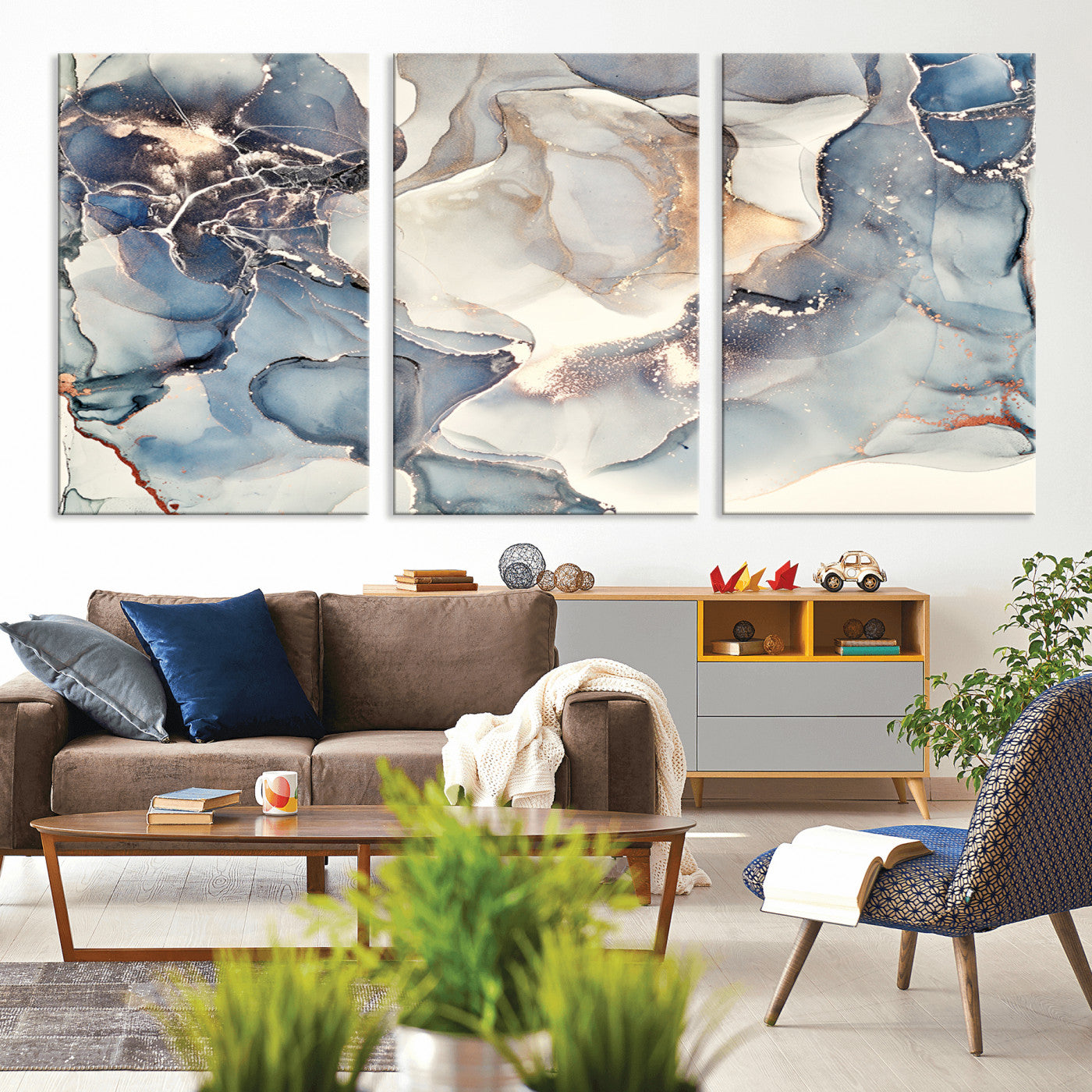 51497-MGV-CV-36X24-Abstract Blue and Gold Wall Art – Modern Fluid Ink Style Canvas Print, Elegant Contemporary Decor for Living Room, Office