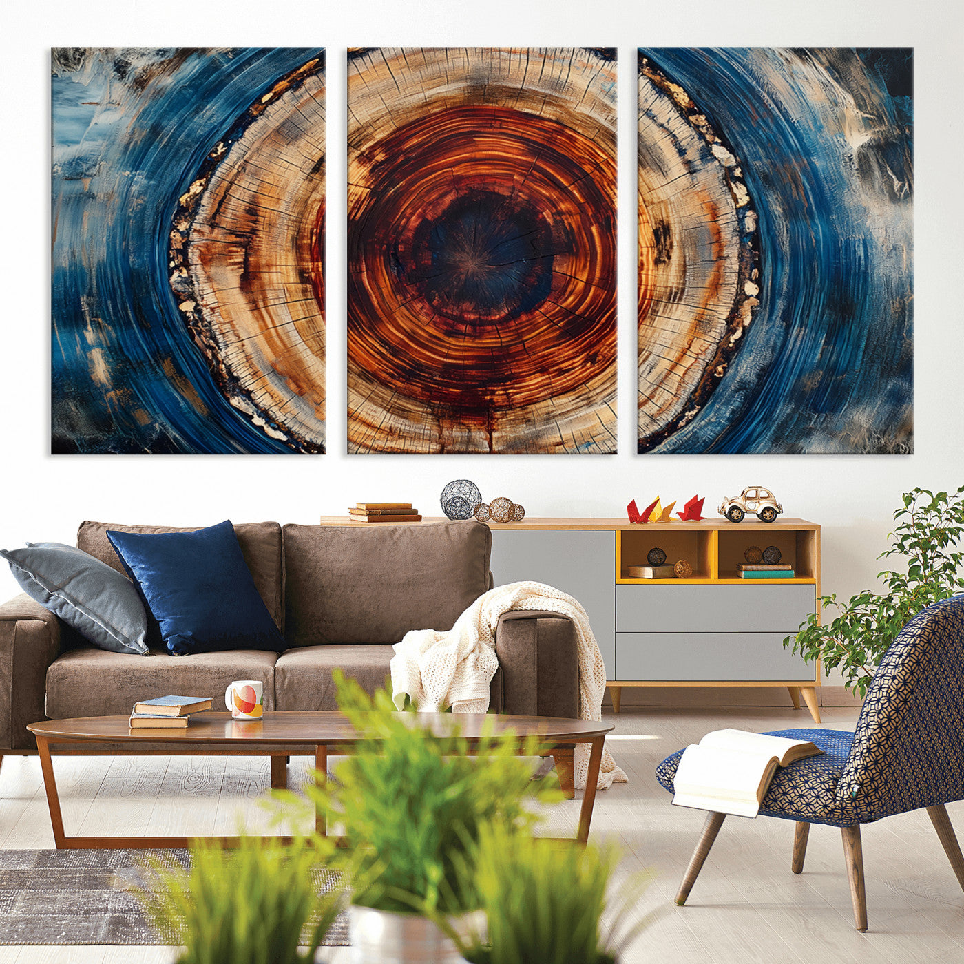 90395-MGV-CV-36X24-Tree Ring Wall Art – Abstract Wood Grain Canvas Print with Fiery Red and Blue Tones, Bold Rustic Nature Inspired Artwork Decor for