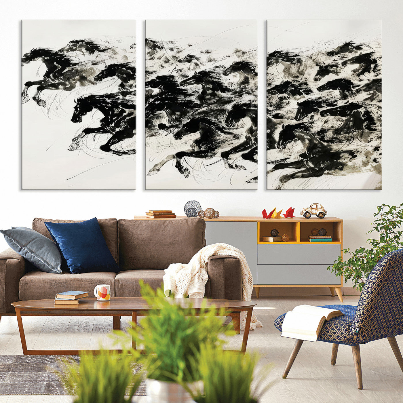 23069-MGV-CV-36X24-Galloping Horses Wall Art – Black Ink Painting on Canvas, Dynamic Equestrian Artwork with Running Stallions, Expressive Modern