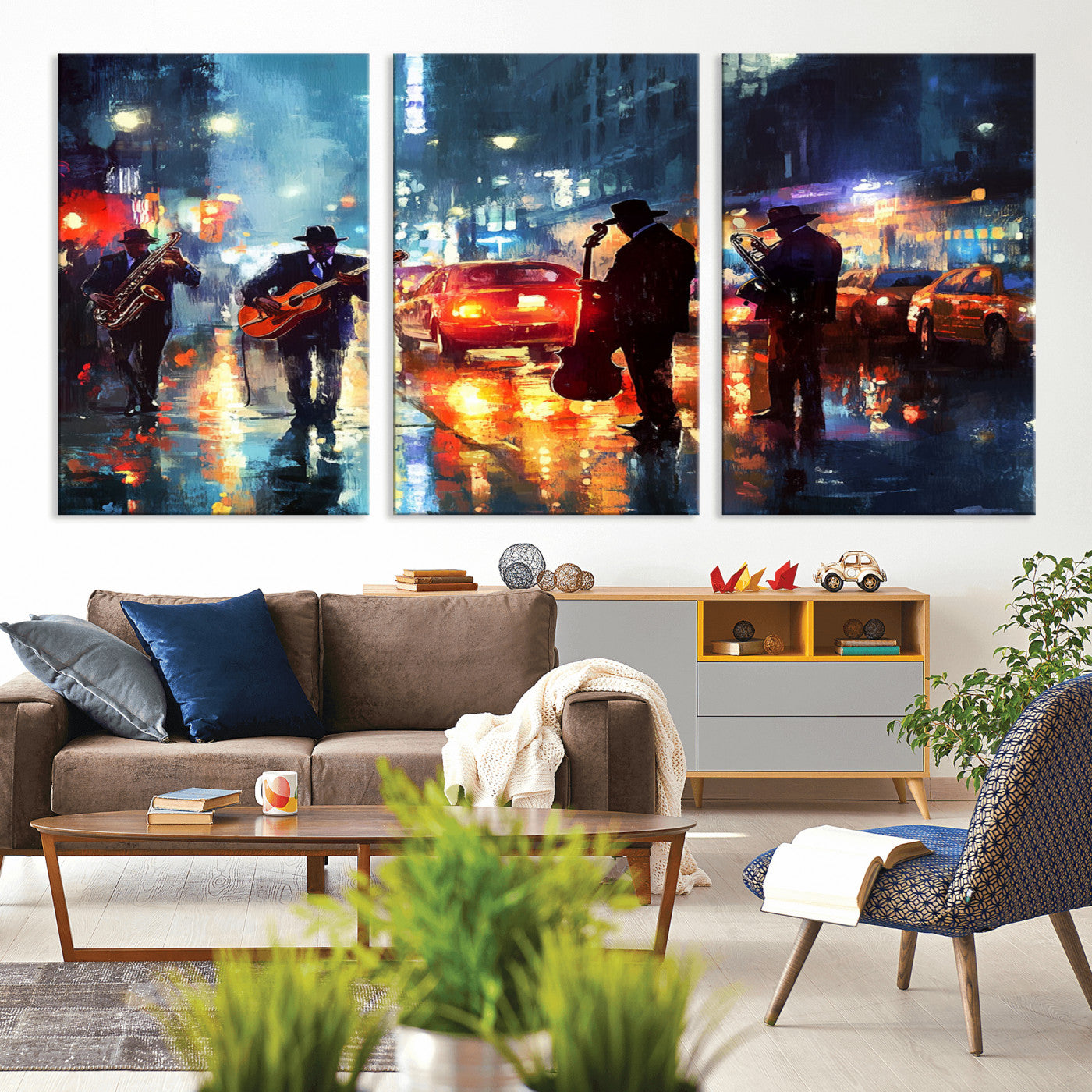 94605-MGV-CV-36X24-City Jazz Night Wall Art – Vibrant Music Canvas Print Featuring Saxophone, Guitar and Bass Players, Urban Street Scene Artwork for