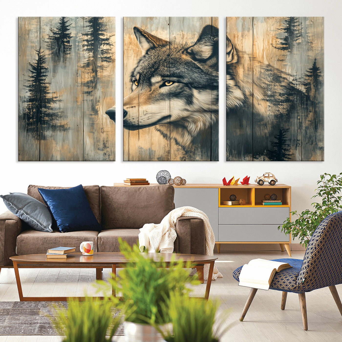 51892-MGV-CV-36X24-Wolf Wall Art – Rustic Canvas Print of Wolf with Forest Trees on Wood Texture, Wildlife Lodge Artwork for Living Room, Bedroom,