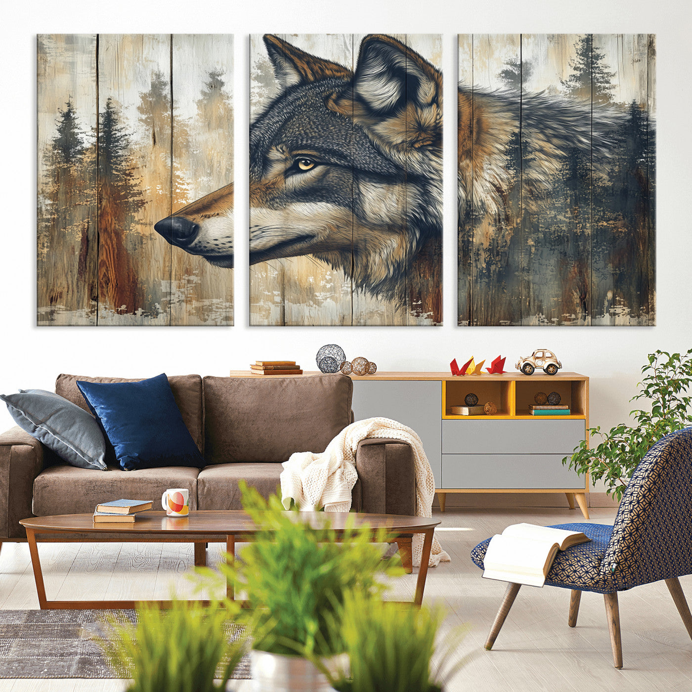 91882-MGV-CV-36X24-Wolf Wall Art – Rustic Canvas Print of Forest Wolf on Wood Background, Wildlife Lodge Artwork for Living Room, Bedroom, Cabin, or