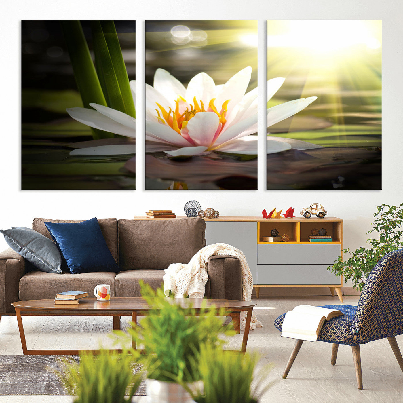 60352-MGV-CV-36X24-White Water Lily Wall Art – Lotus Flower Canvas Print with Sunlight Reflection, Peaceful Botanical Artwork for Living Room,