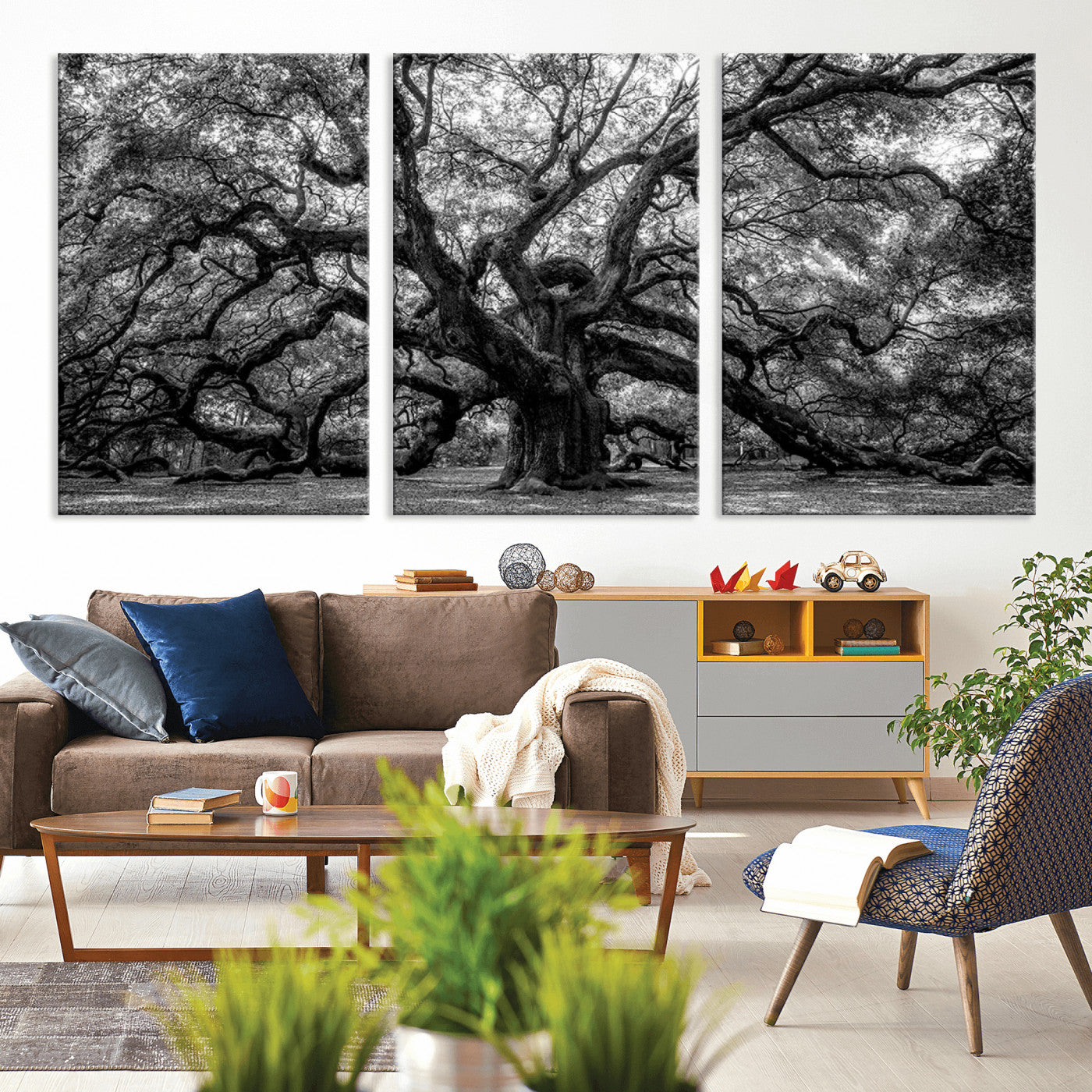 132944706-MGV-CV-36X24-Ancient Tree Wall Art – Black and White Photography Canvas Print Featuring Majestic Twisting Branches, Rustic Nature Artwork for