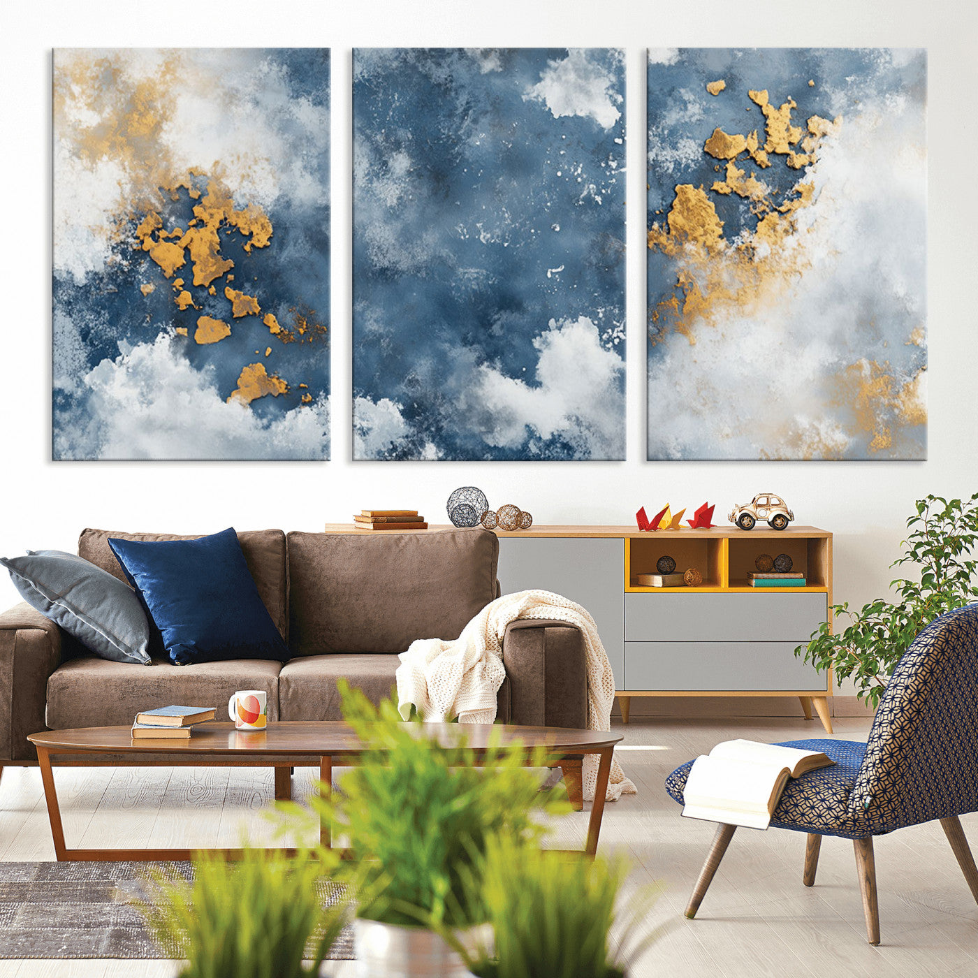 39575-MGV-CV-36X24-Blue and Gold Abstract Wall Art – Modern Canvas Print Featuring Cloudy Textures with Metallic Accents, Contemporary Artwork for
