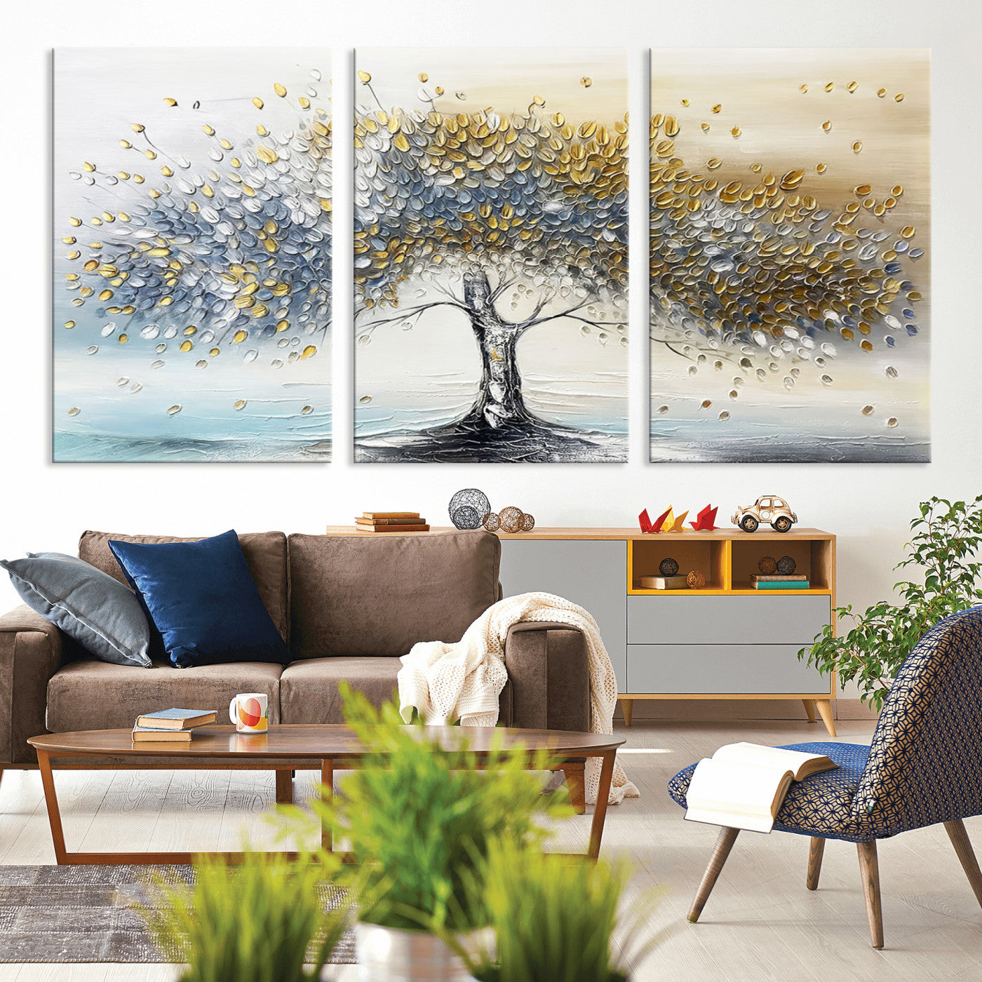 24771-MGV-CV-36X24-Silver Tree Wall Art Canvas Print, Framed Golden Leaves Art Picture Print, Metallic Tree Perfect Minimalist Luxury Decor Artwork