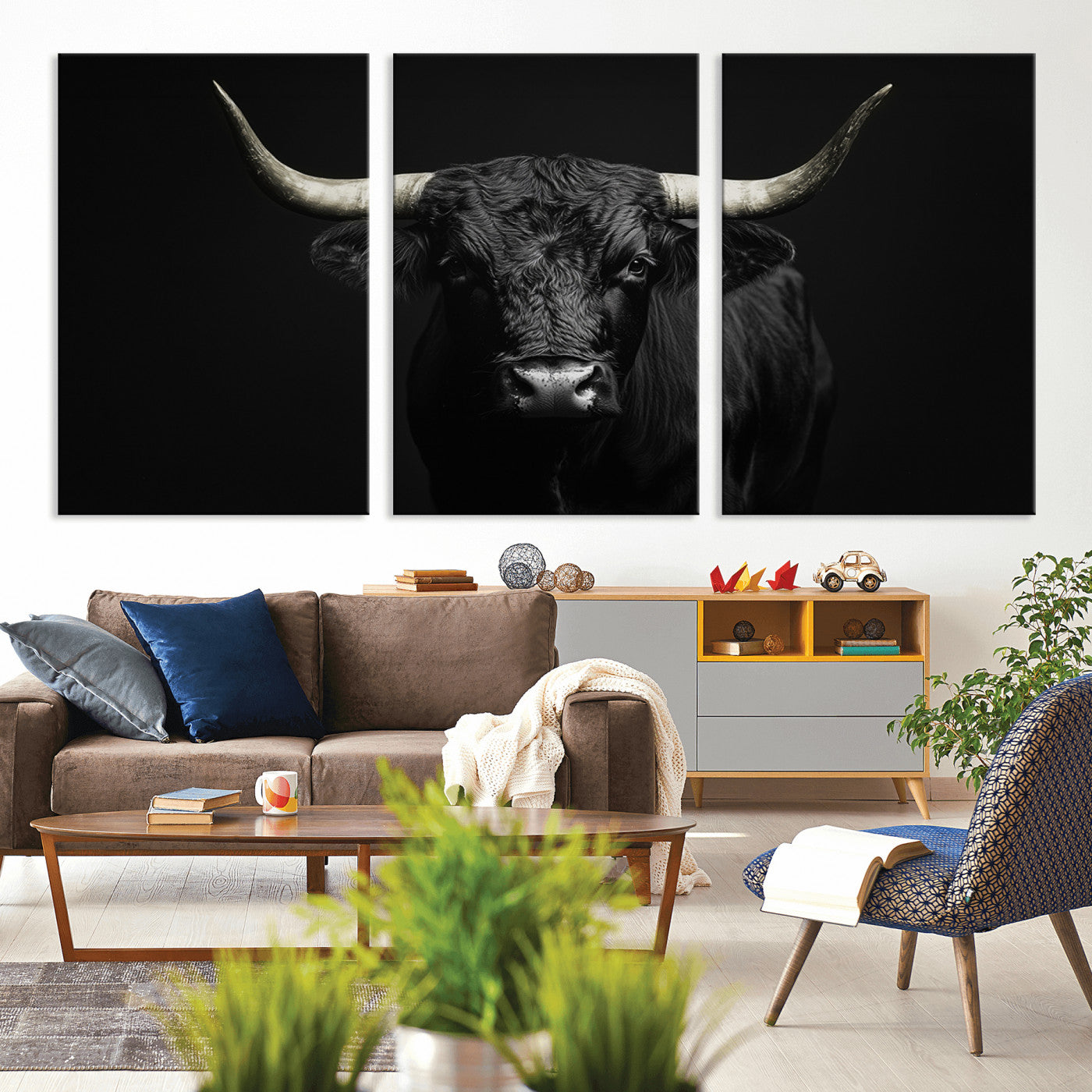97914921-MGV-CV-36X24-Black Bull Wall Art Canvas Print, Framed Longhorn Bull Art Picture Print, Western Bull Perfect Monochrome Western Decor Artwork