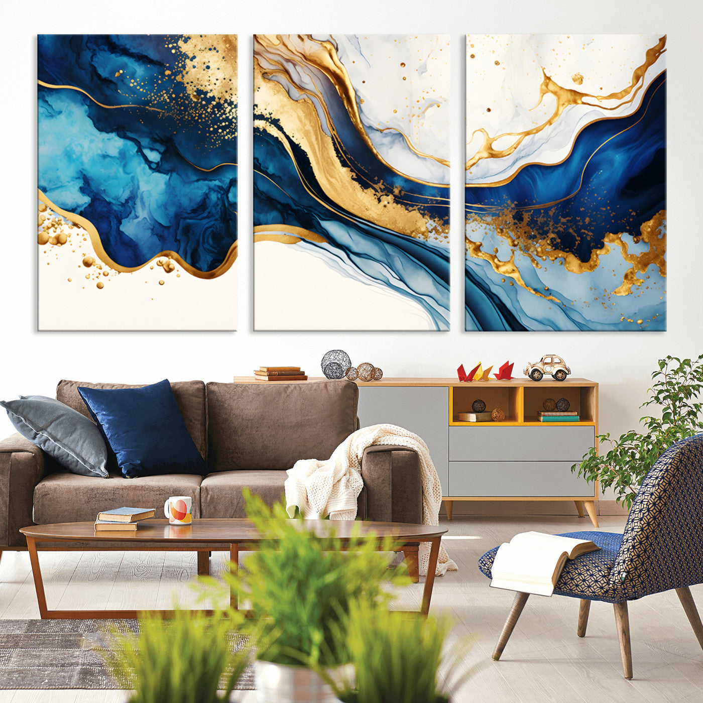60283636-MGV-CV-36X24-Blue Gold Flow Wall Art Canvas Print, Framed Marble Texture Art Picture Print, Elegant Splash Perfect Elegant Abstract Decor