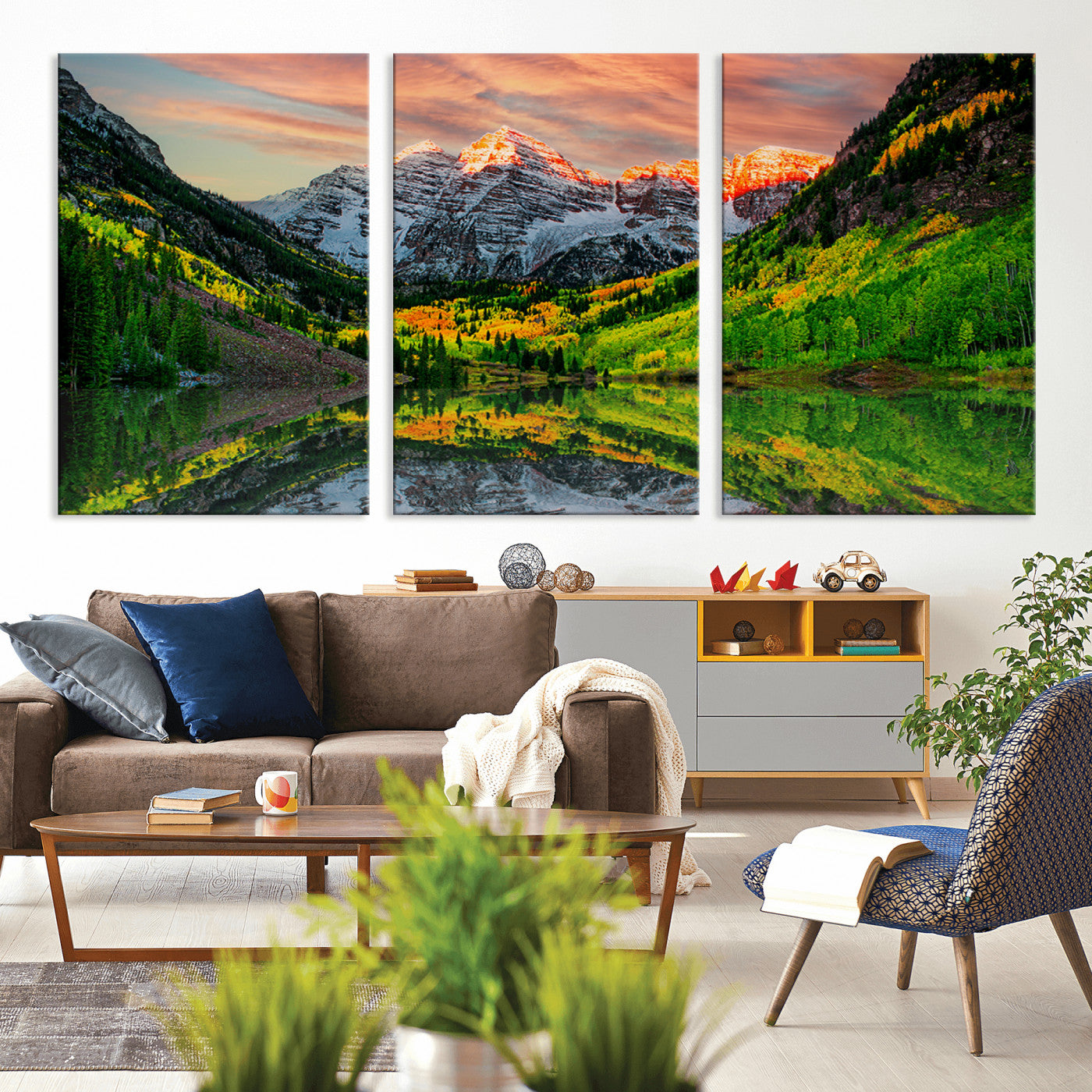 59533484-MGV-CV-36X24-Maroon Bells Autumn Wall Art – Panoramic Mountain Landscape Canvas Print, Sunset Reflection Nature Artwork for Living Room, Office