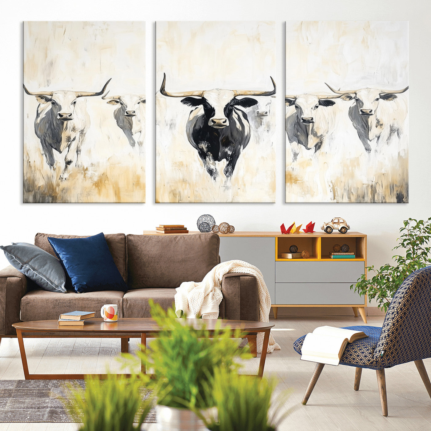 40397799-MGV-CV-36X24-Texas Longhorn Wall Art Canvas Print, Framed Rustic Herd Art Picture Print, Western Bull Perfect Neutral Western Decor Artwork