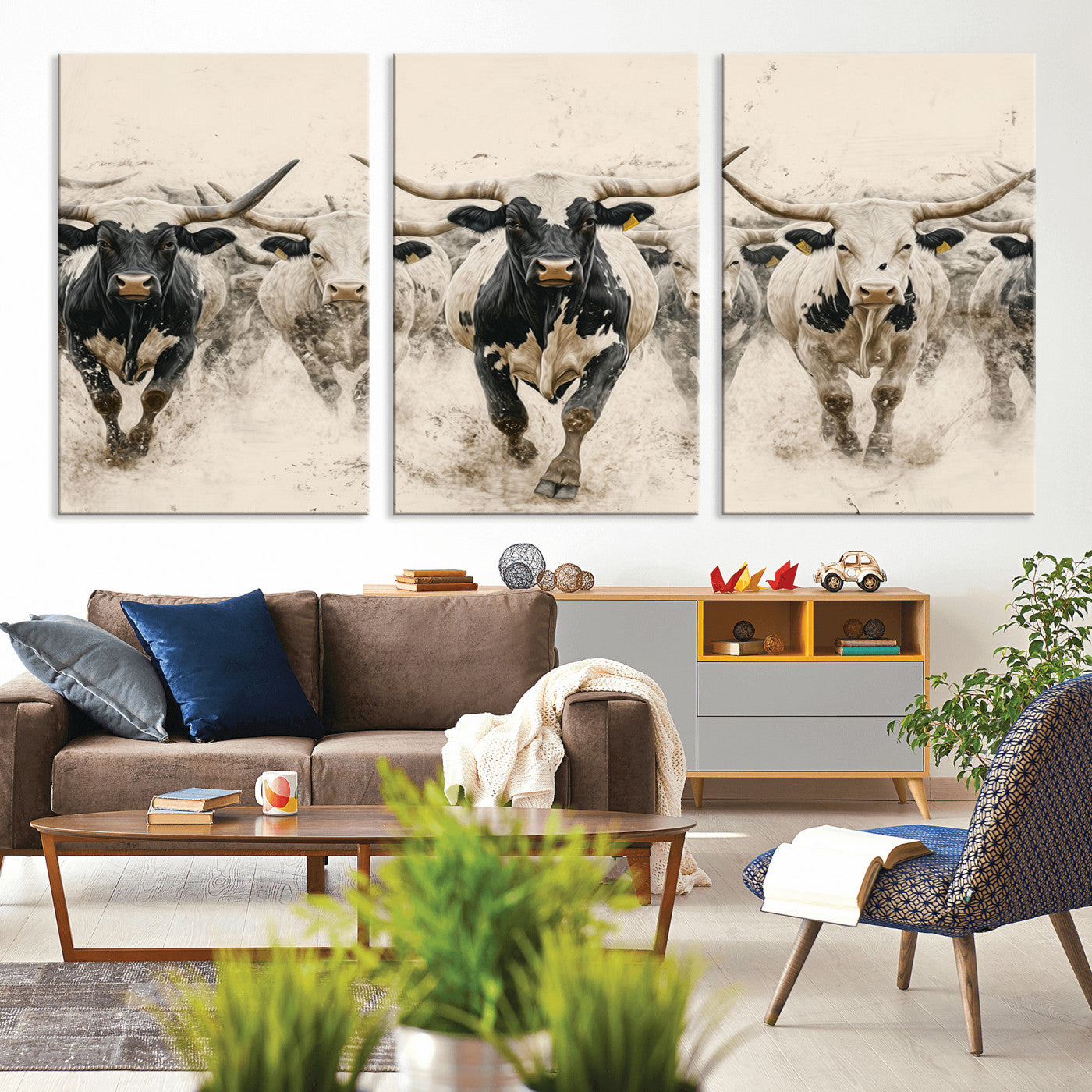 61538944-MGV-CV-36X24-Texas Longhorn Wall Art Canvas Print, Framed Cattles Walking Art Picture Print, Black White Bulls Perfect Rustic Western Decor