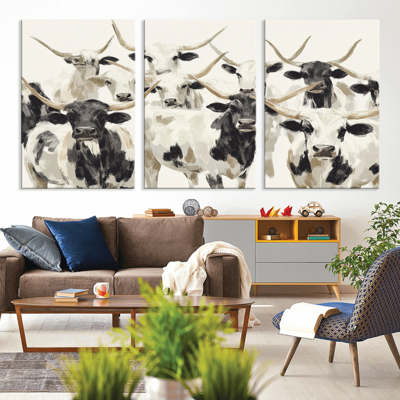 52947970-MGV-CV-36X24-Texas Longhorn Wall Art Canvas Print, Framed Cattle Herd Art Picture Print, Herd Portrait Perfect Modern Farmhouse Decor Artwork