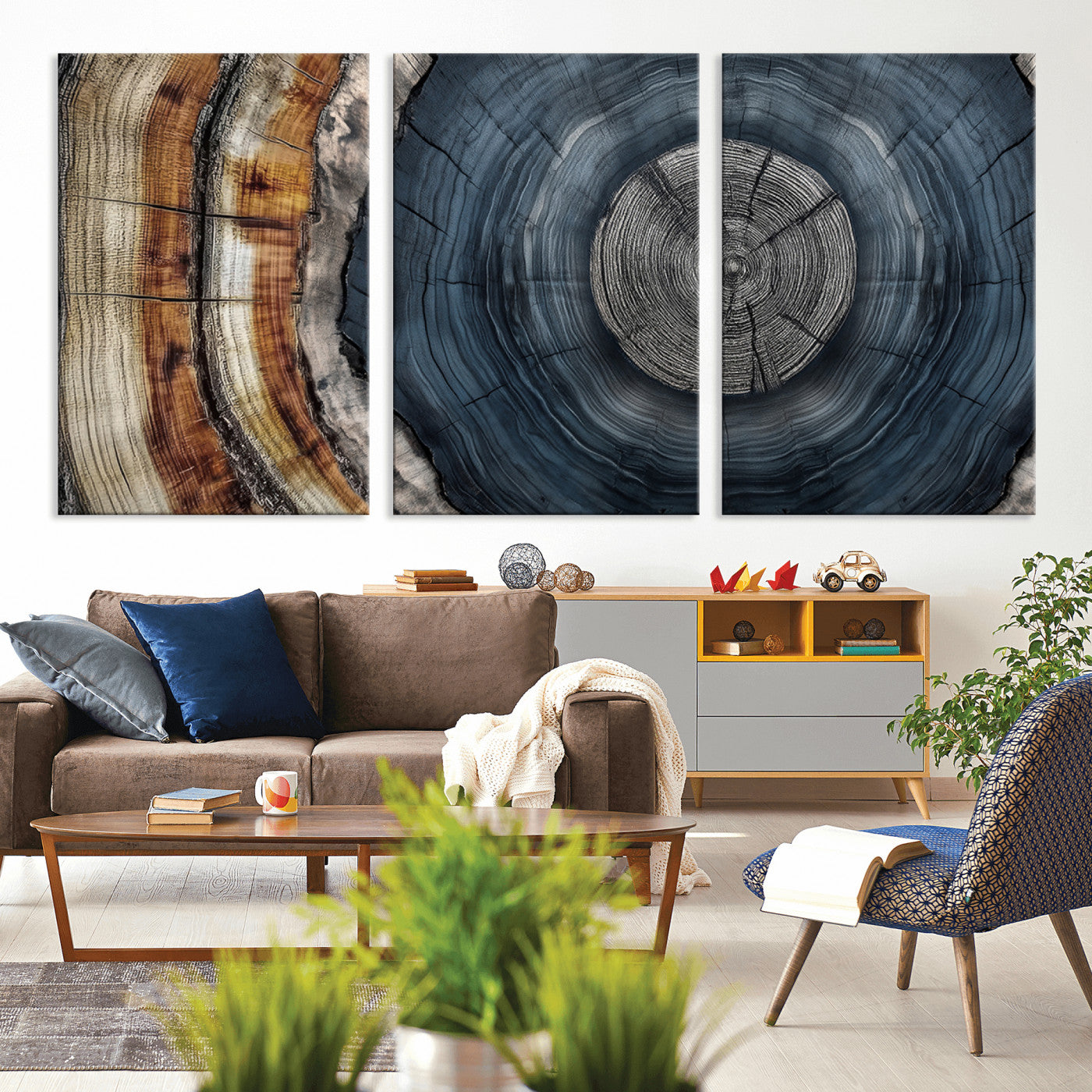 91368647-MGV-CV-36X24-Smoky Blue Tree Ring Wall Art – Rustic Wood Cross Section Canvas Print, Modern Nature Inspired Decor for Living Room, Office, or