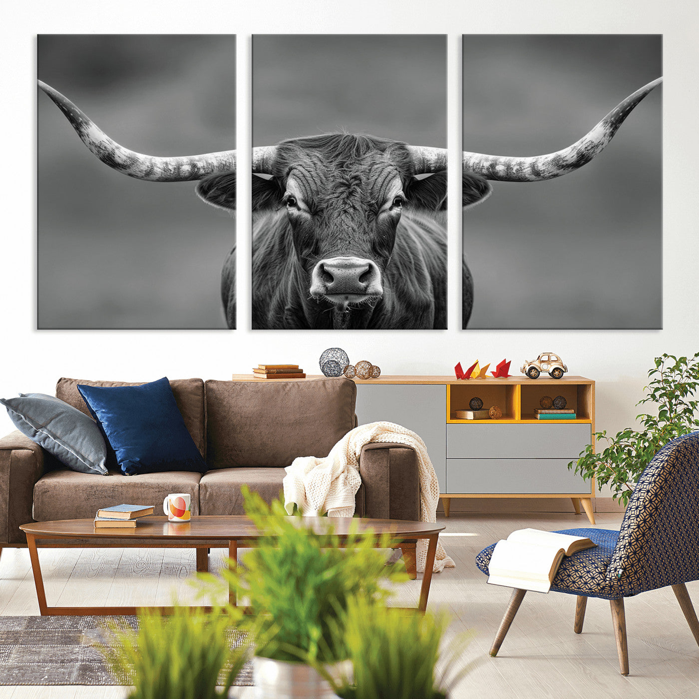 81228550-MGV-CV-36X24-Framed Texas Longhorn Bull Art Canvas Print, Western Bull Wall Art Print, Long Horn Bull Photo Print for Log Cabin, Large Bull