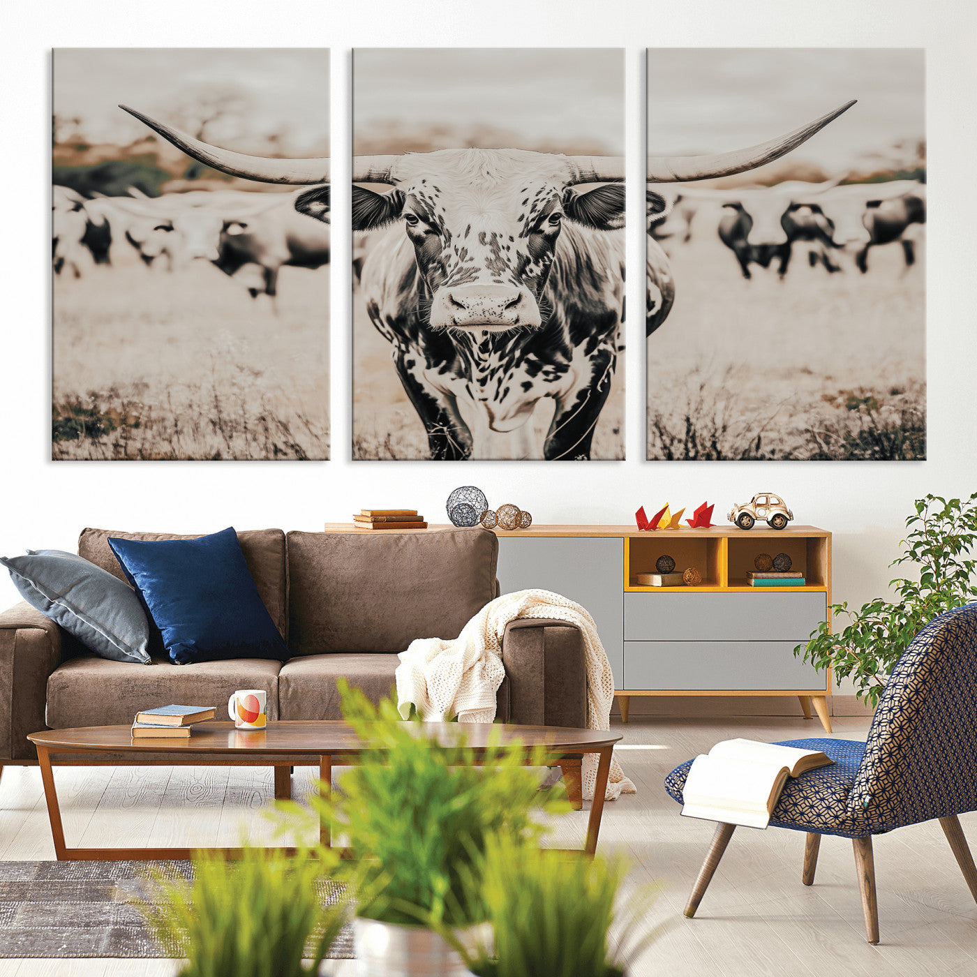 27497342-MGV-CV-36X24-Texas Longhorn Wall Art Canvas Print, Framed Speckled Cow Art Picture Print, Horned Cattle Perfect Rustic Western Decor Artwork