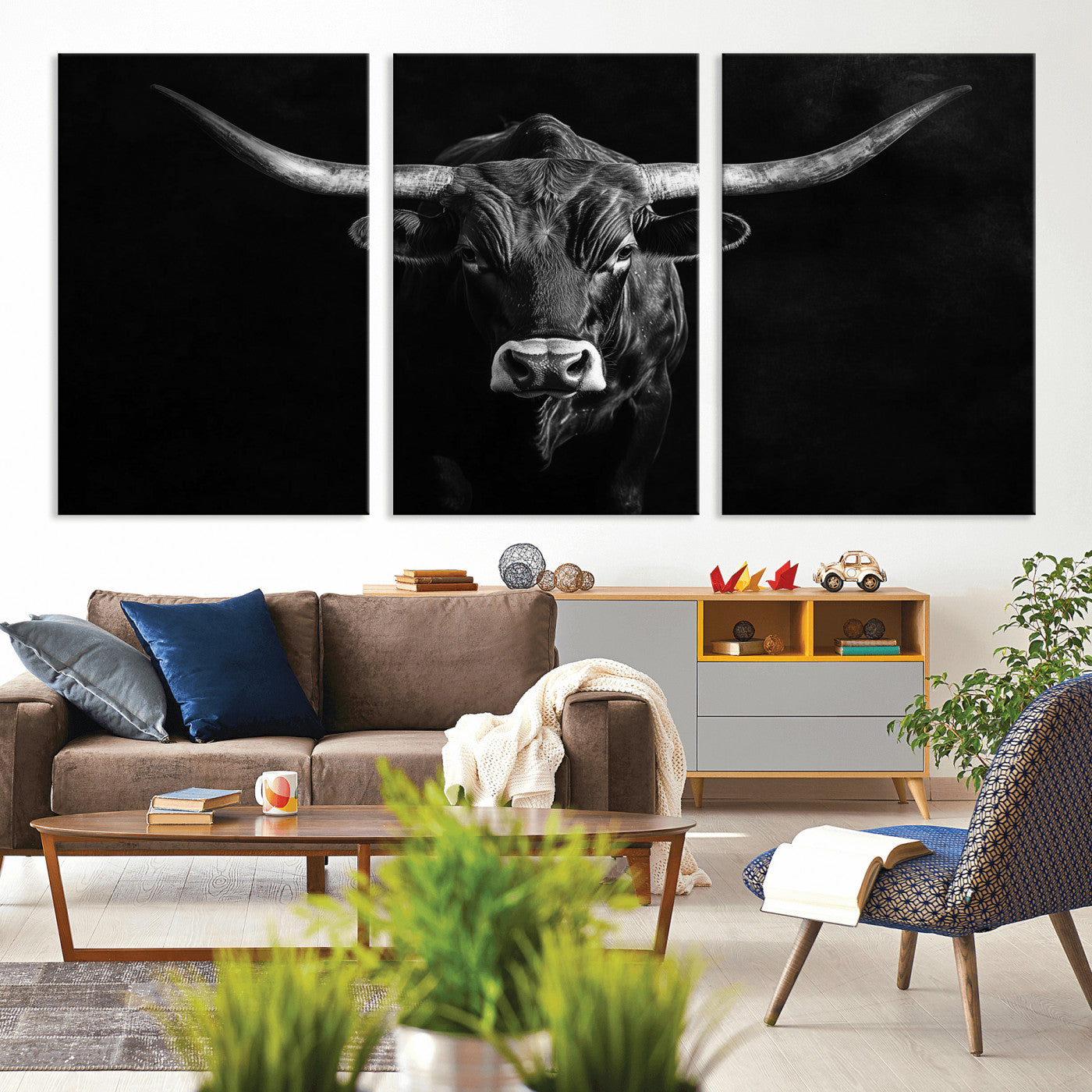 42077175-MGV-CV-36X24-Texas Longhorn Wall Art Canvas Print, Framed Monochrome Bull Art Picture Print, Horned Bull Perfect Rustic Western Decor Artwork