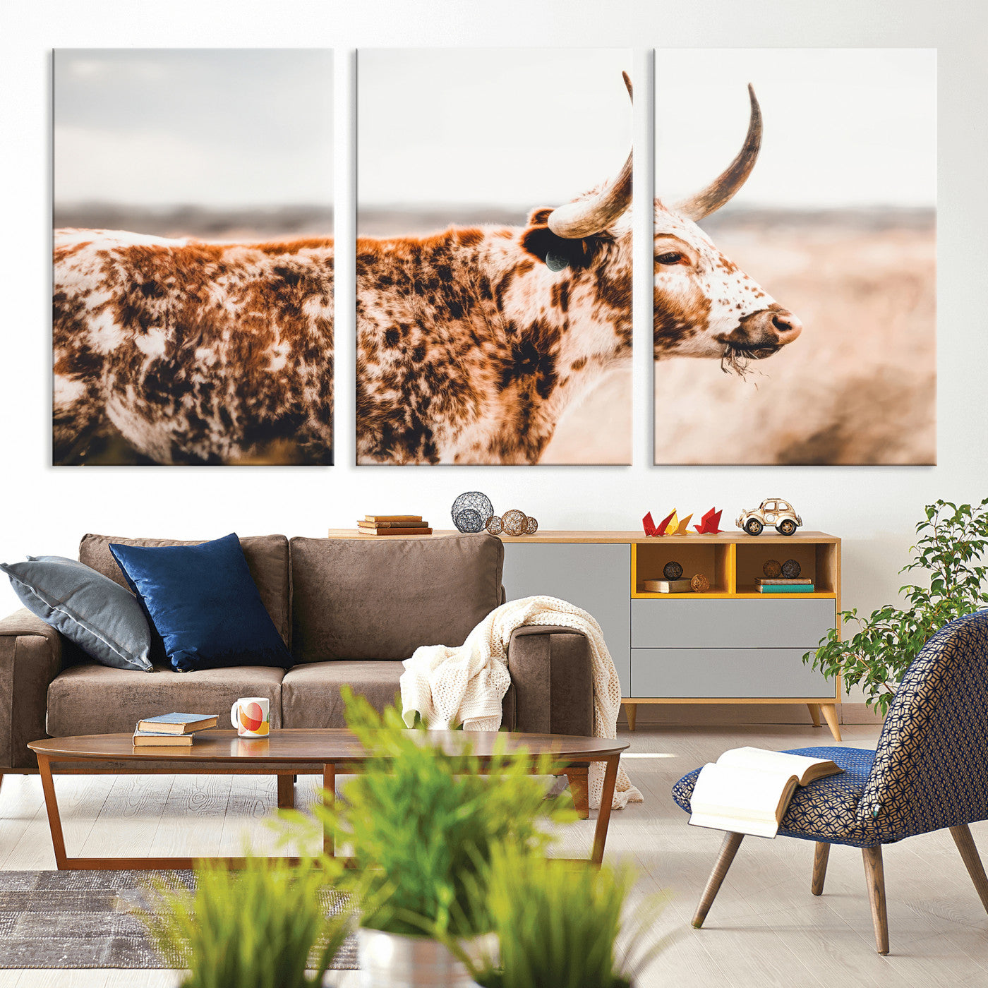 11528295-MGV-CV-36X24-Speckled Longhorn Wall Art Canvas Print, Framed Texas Cattle Art Picture Print, Horned Cow Perfect Rustic Western Decor Artwork