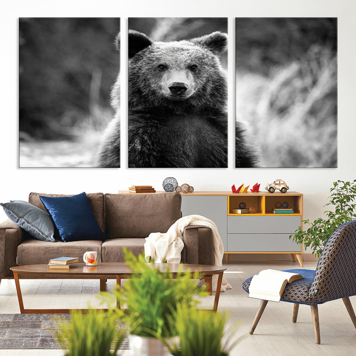 MGV-CV-60X30-3P - Grizzly Bear Wall Art Canvas Print, Framed Black White Bear Art Picture Print, Wild Bear Perfect Rustic Wildlife Decor Artwork