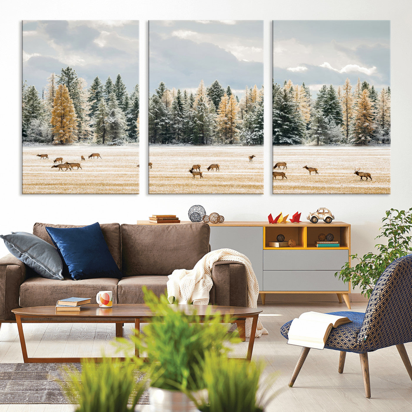 64188182-MGV-CV-36X24-Elk Herd Wall Art Canvas Print, Framed Snowy Forest Art Picture Print, Forest Elks Perfect Neutral Rustic Decor Artwork