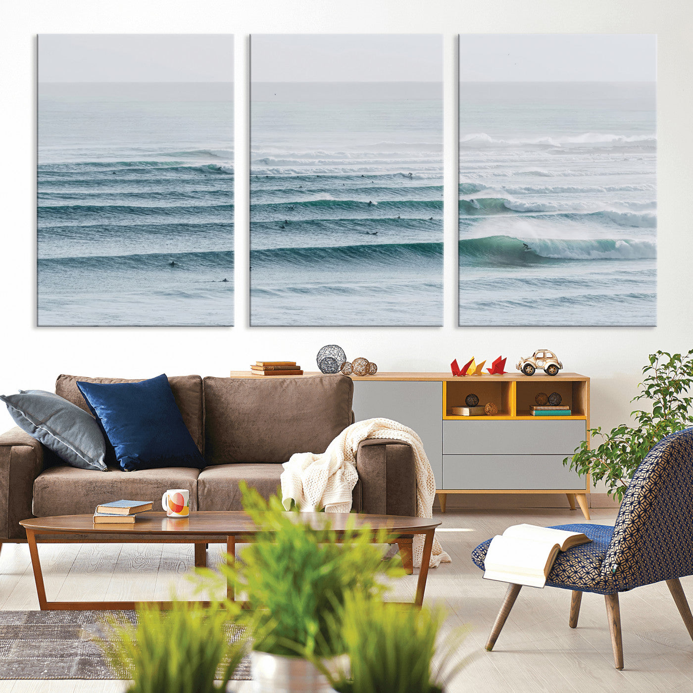 73969318-MGV-CV-36X24-Ocean Waves Wall Art Canvas Print, Framed Surfer Lineup Art Picture Print, Crowded Ocean Perfect Minimal Coastal Decor Artwork