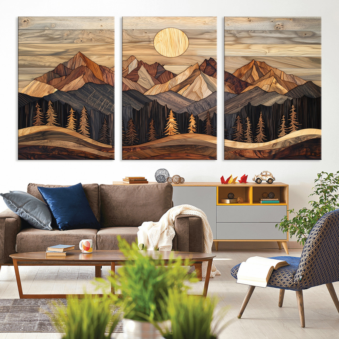 50100230-MGV-CV-36X24-Wooden Mountain Wall Art – Rustic Nature Landscape Canvas Print, Handmade Style Sun, Forest, and Peaks Artwork for Living Room,