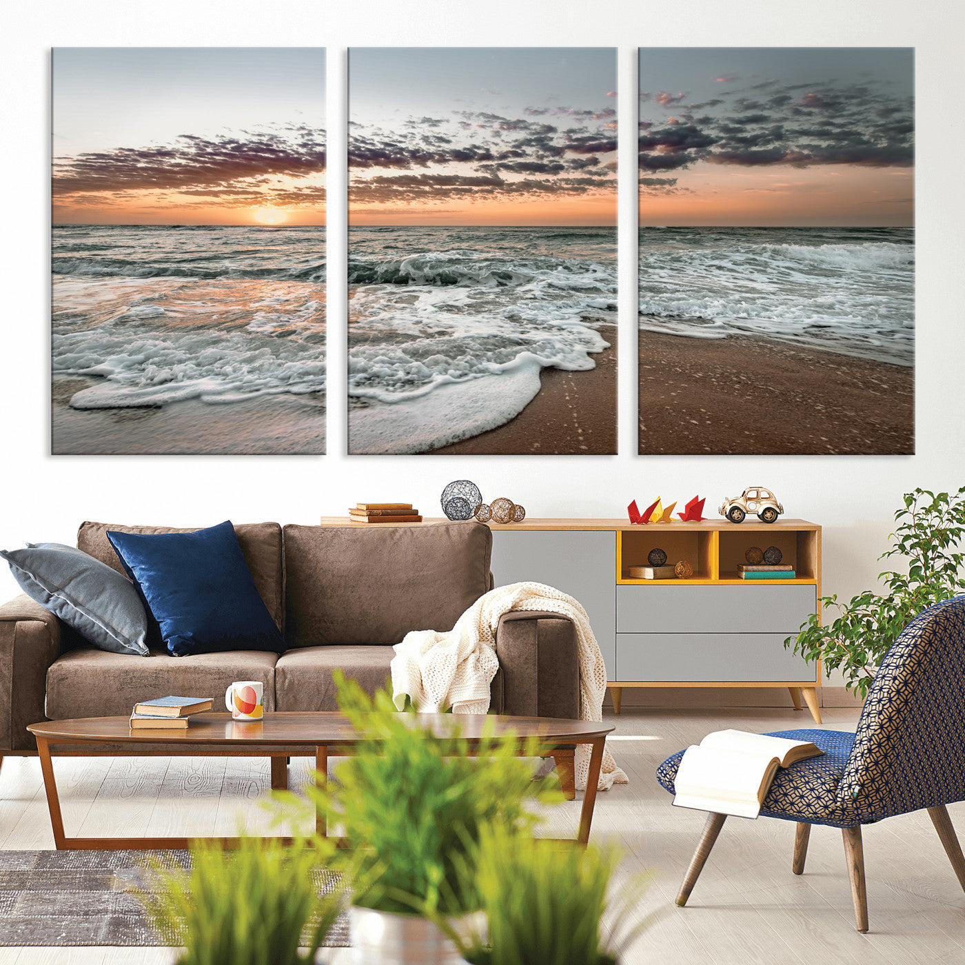 40632752-MGV-CV-36X24-Ocean Sunset Wall Art Canvas Print, Framed Beach Waves Art Picture Print, Coastal Scene Perfect Coastal Decor Artwork