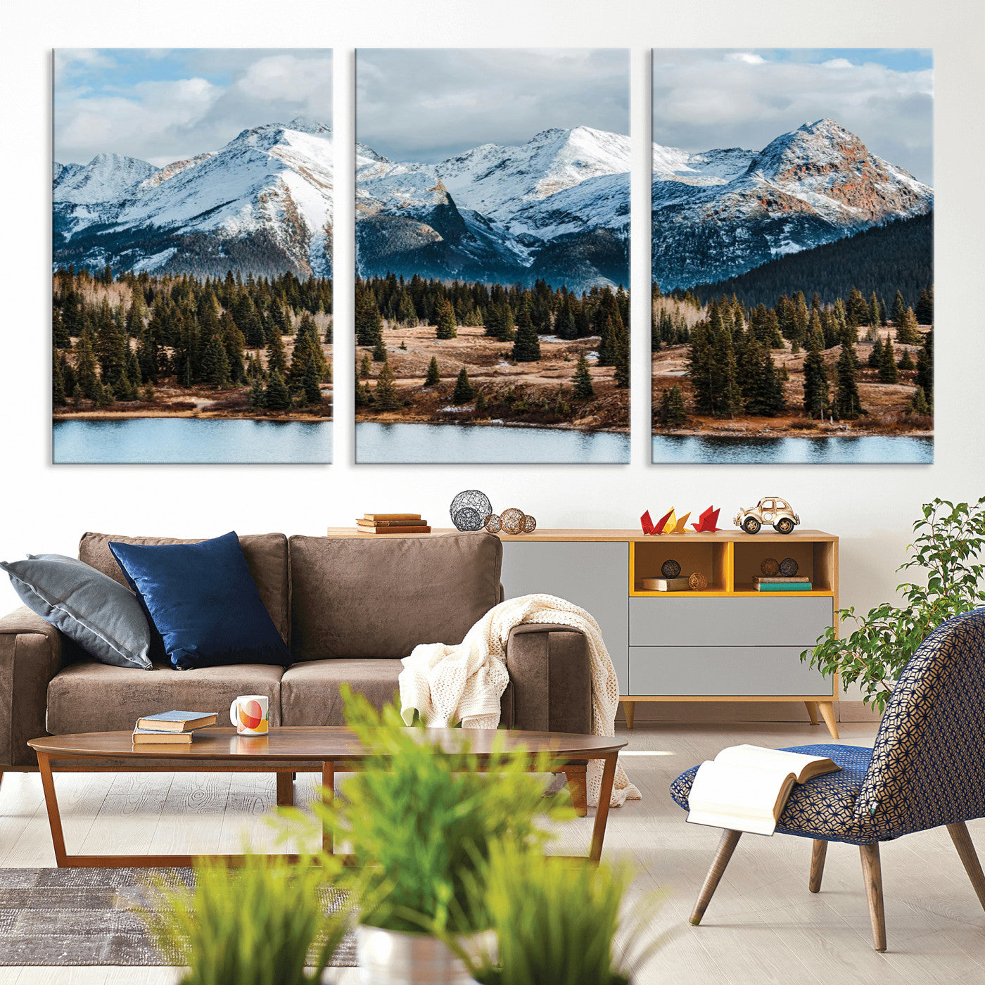36247746-MGV-CV-36X24-Snowy Peaks Wall Art Canvas Print, Framed Alpine Lake Art Picture Print, Pine Forest Perfect Alpine Wilderness Decor Artwork