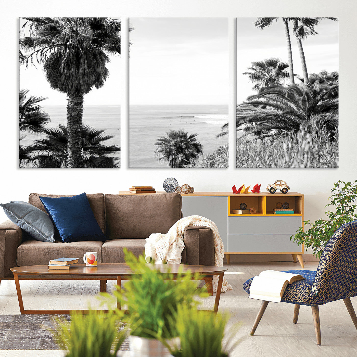 89458520-MGV-CV-36X24-Palm Trees Wall Art Canvas Print, Framed Coastal View Art Picture Print, Ocean Horizon Perfect Monochrome Coast Decor Artwork
