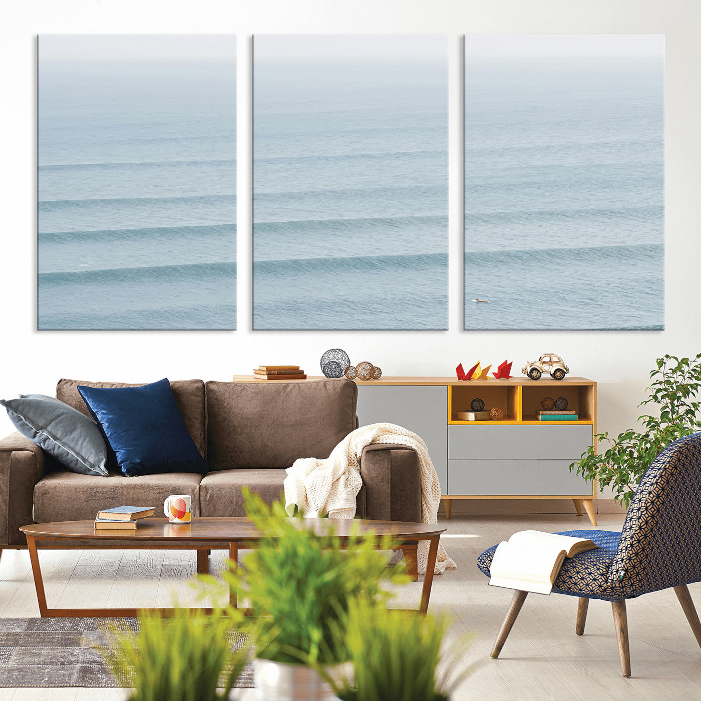 47814787-MGV-CV-36X24-Ocean Waves Wall Art Canvas Print, Framed Solo Surfer Art Picture Print, Wave Lines Perfect Minimalist Ocean Decor Artwork