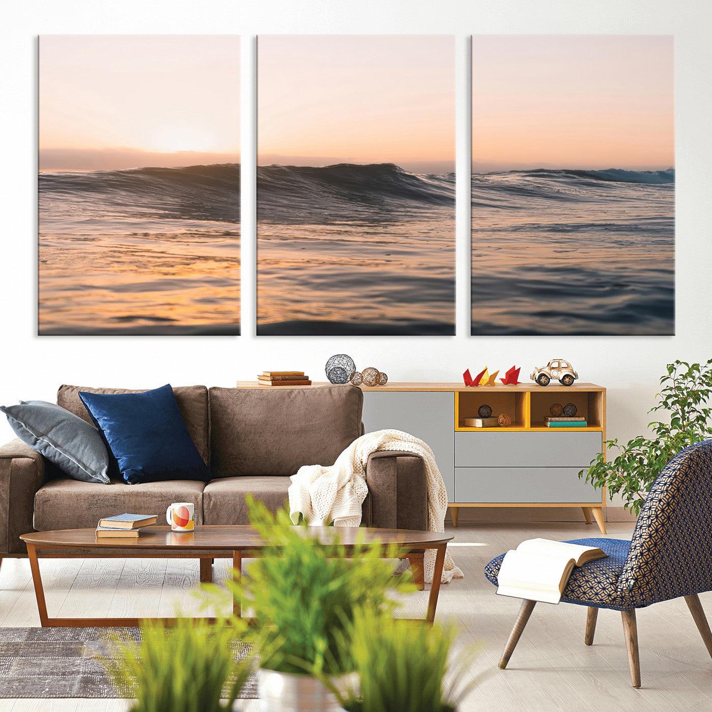 46299358-MGV-CV-36X24-Sunset Waves Wall Art Canvas Print, Framed Ocean Horizon Art Picture Print, Golden Water Perfect Golden Hour Coastal Decor Artwork