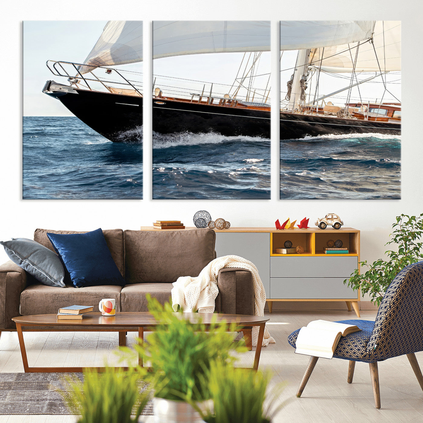 97168626-MGV-CV-36X24-Sailing Yacht Wall Art Canvas Print, Framed Wooden Yacht Art Picture Print, Ocean Waves Perfect Nautical Coastal Decor Artwork