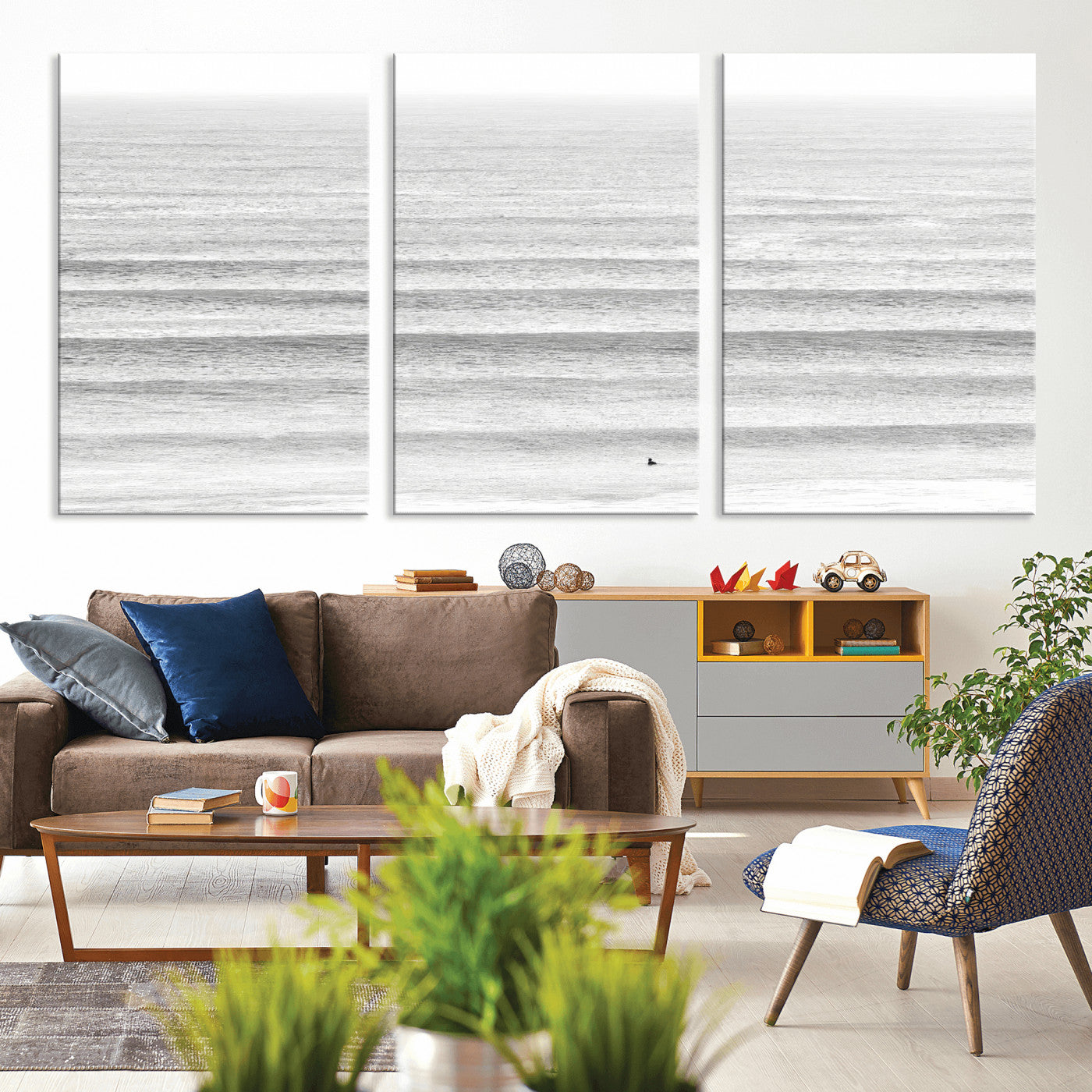 66534476-MGV-CV-36X24-Lone Surfer Wall Art Canvas Print, Framed Ocean Waves Art Picture Print, Minimal Sea Perfect Minimal Coastal Decor Artwork