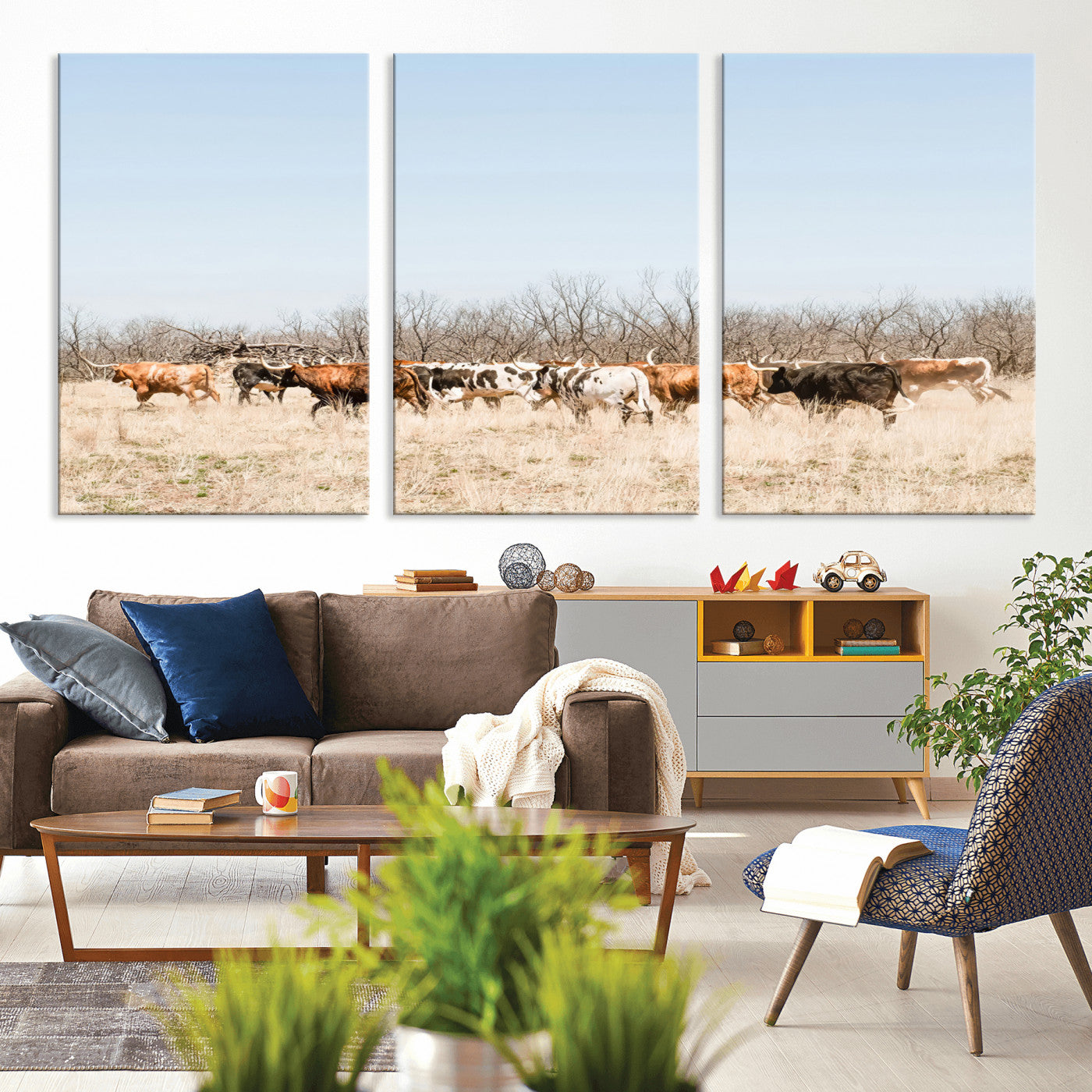 16563092-MGV-CV-36X24-Texas Longhorns Wall Art Canvas Print, Framed Western Cattles Art Picture Print, Rustic Herd Perfect Rustic Farmhouse Decor