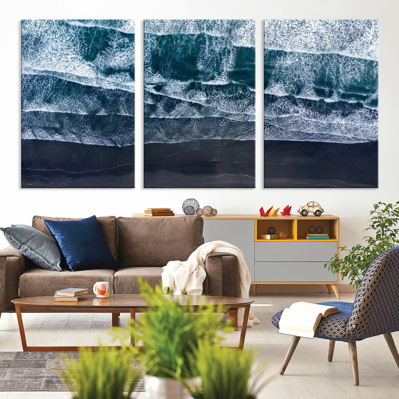 87941475-MGV-CV-36X24-Black Beach Wall Art Canvas Print, Framed Aerial Ocean Art Picture Print, Moody Coastal Perfect Modern Coastal Decor Artwork