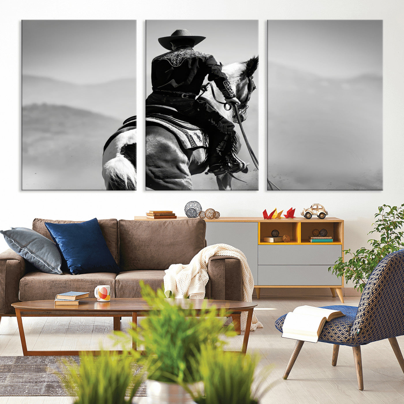 83102464-MGV-CV-36X24-Western Cowboy Wall Art Canvas Print, Framed Monochrome Horse Art Picture Print, Western Equestrian Perfect Rustic Western Decor