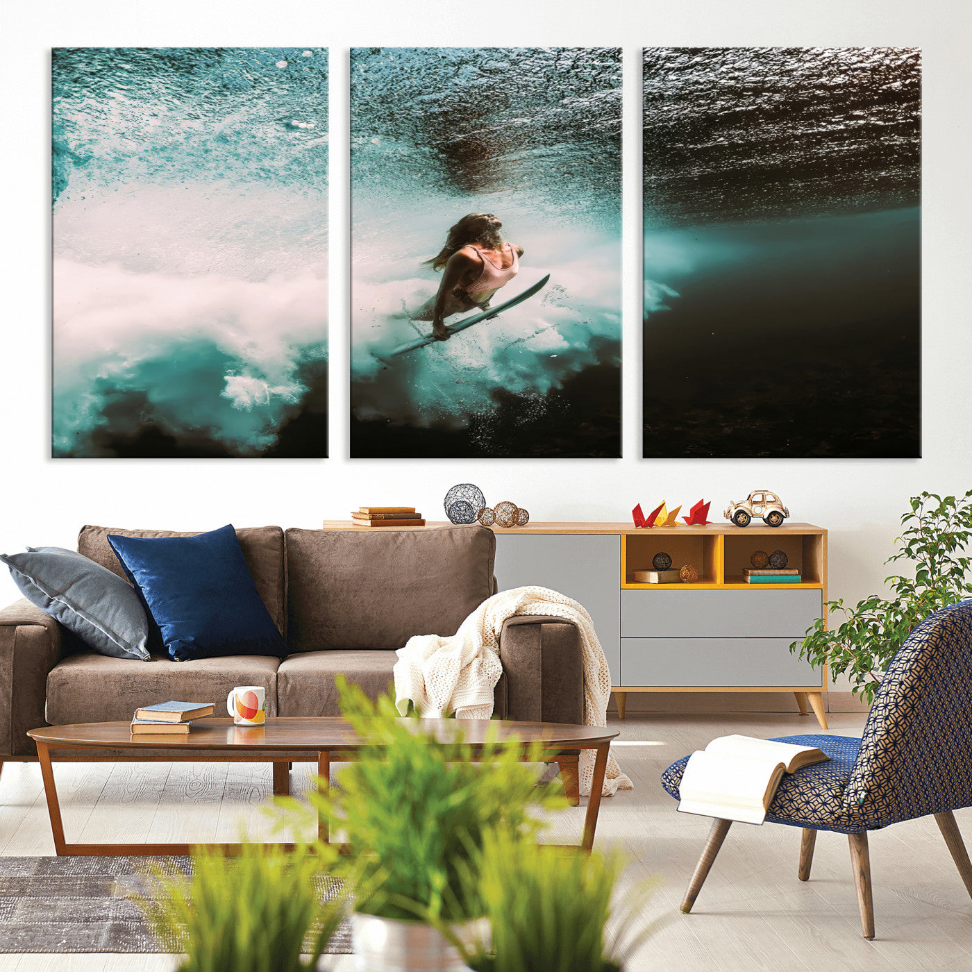 85923512-MGV-CV-36X24-Aquatic Motion Wall Art Canvas Print, Framed Underwater Swimming Art Picture Print, Female Surfer Diving Perfect Coastal Boho