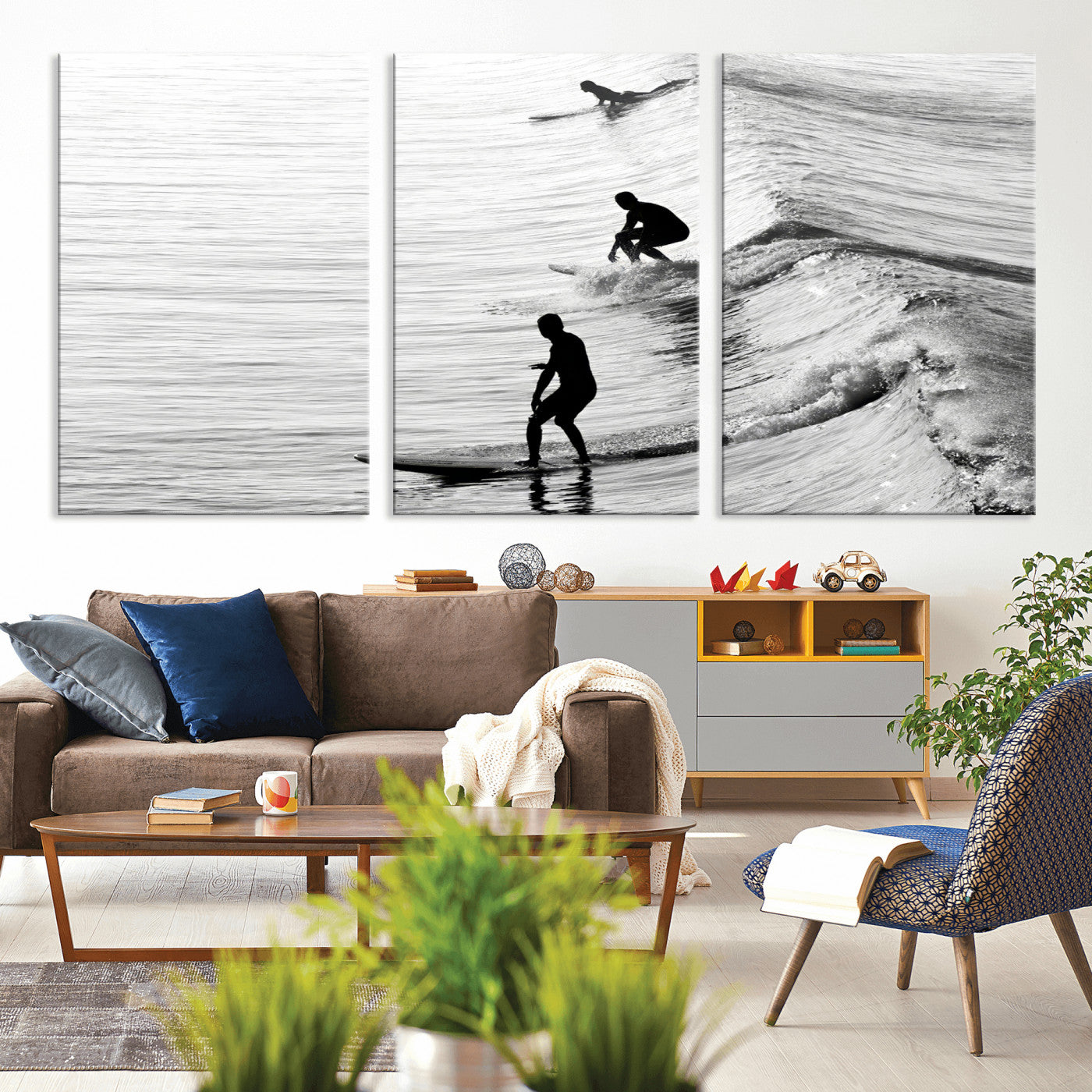 19875284-MGV-CV-36X24-Surfer Waves Wall Art Canvas Print, Framed Black White Surf Art Picture Print, Monochrome Ocean Perfect Modern Coastal Decor