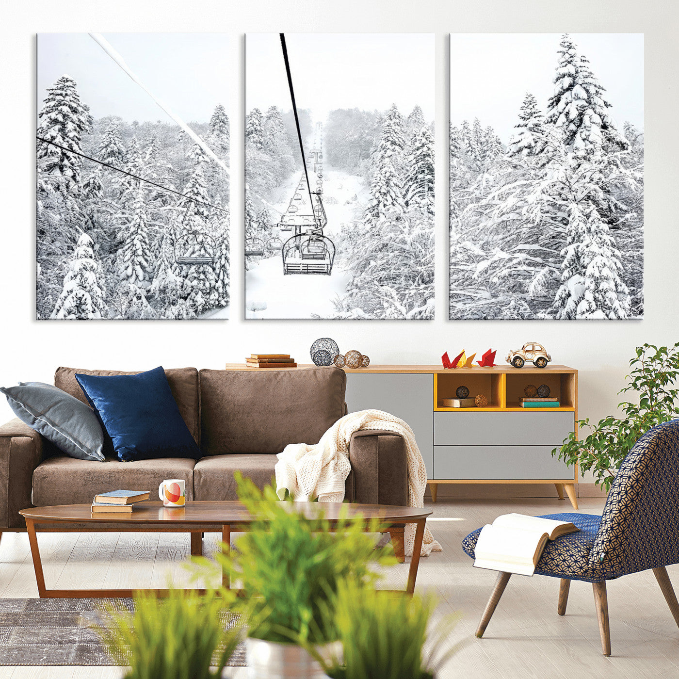 44705668-MGV-CV-36X24-Winter Forest Wall Art Canvas Print, Framed Snowy Forest Art Picture Print, Ski Lift Perfect Scandinavian Decor Artwork