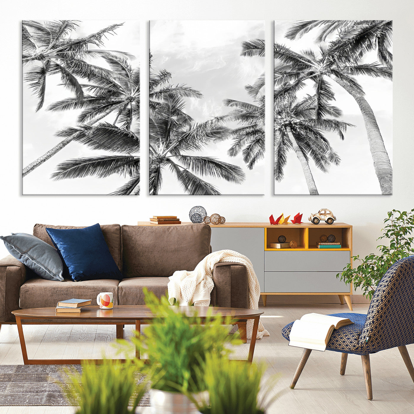 62113786-MGV-CV-36X24-Black White Palm Wall Art Canvas Print, Framed Monochrome Tropics Art Picture Print, Minimalist Beach Perfect Coastal Minimalist
