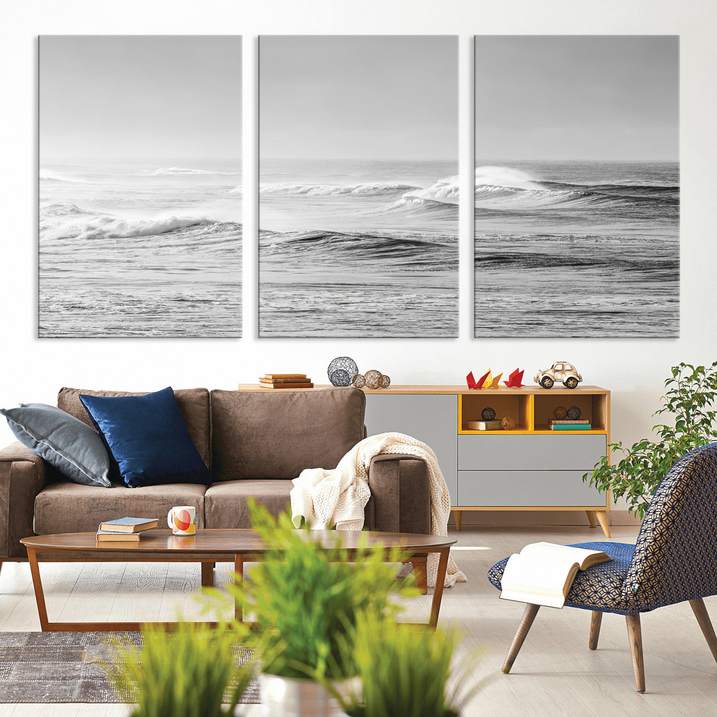 98634812-MGV-CV-36X24-Black and White Ocean Waves Wall Art – Minimalist Sea Canvas Print, Coastal Photography Decor for Living Room, Bedroom or Office
