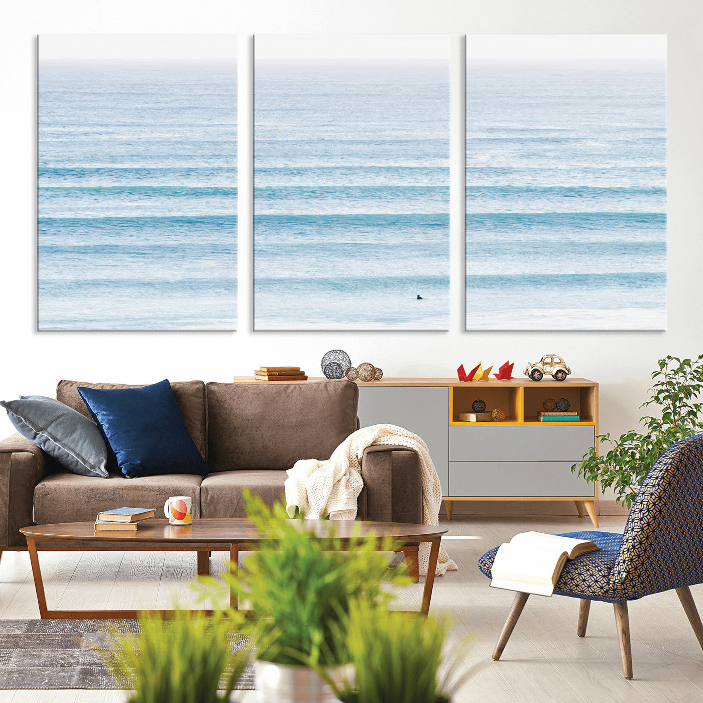 77145995-MGV-CV-36X24-Ocean Simplicity Wall Art Canvas Print, Framed Surfer on Water Art Picture Print, Light Blue Perfect Coastal Minimalist Decor