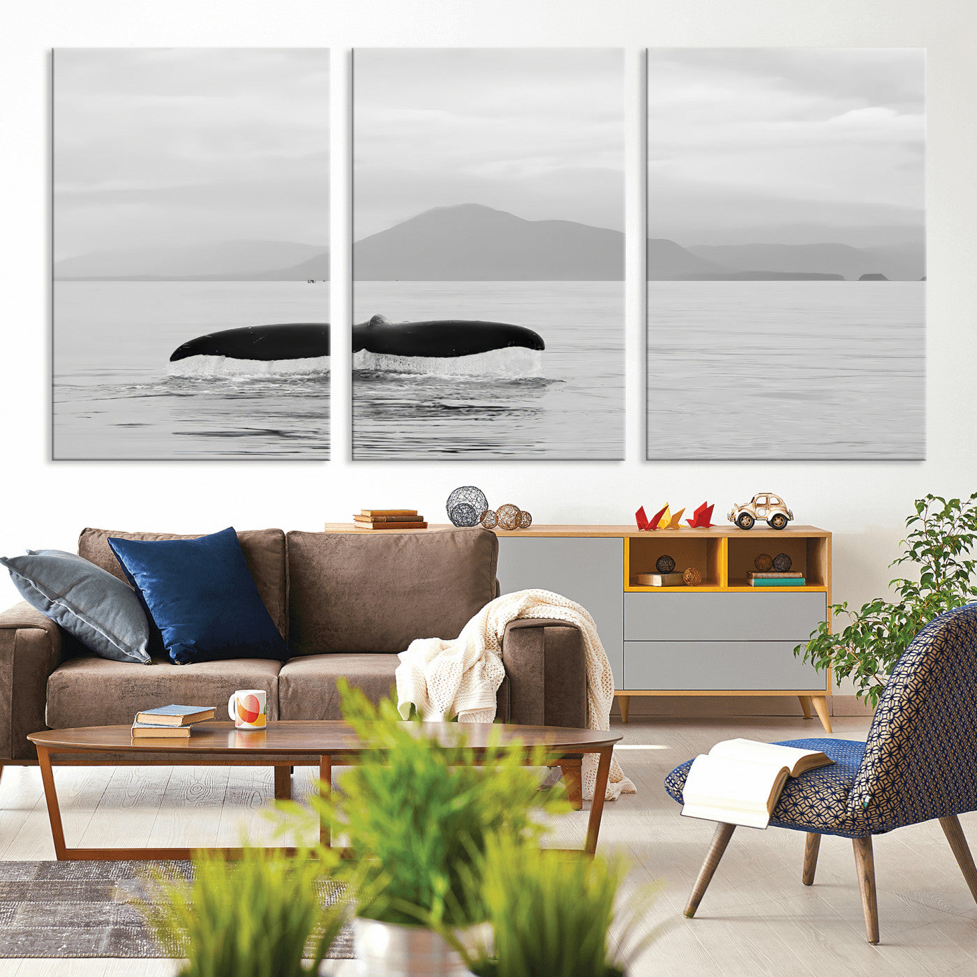30524220-MGV-CV-36X24-Whale Tail Wall Art Canvas Print, Framed Black White Ocean Art Picture Print, Calm Marine Perfect Minimalist Coastal Decor Artwork