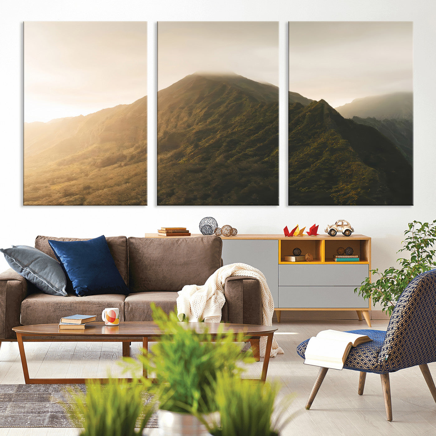 42338636-MGV-CV-36X24-Golden Mountain Wall Art Canvas Print, Framed Misty Summit Art Picture Print, Rugged Landscape Perfect Moody Wilderness Decor