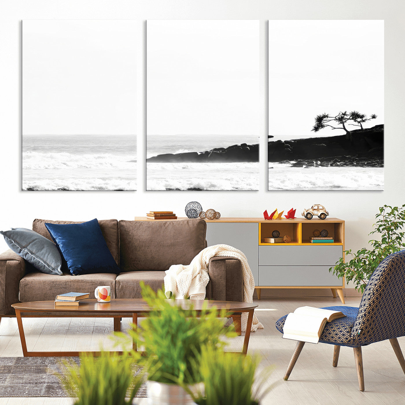 40875891-MGV-CV-36X24-SurferCliffs Wall Art Canvas Print, Framed Black White Beach Art Picture Print, Ocean Waves Perfect Minimalist Coastal Decor